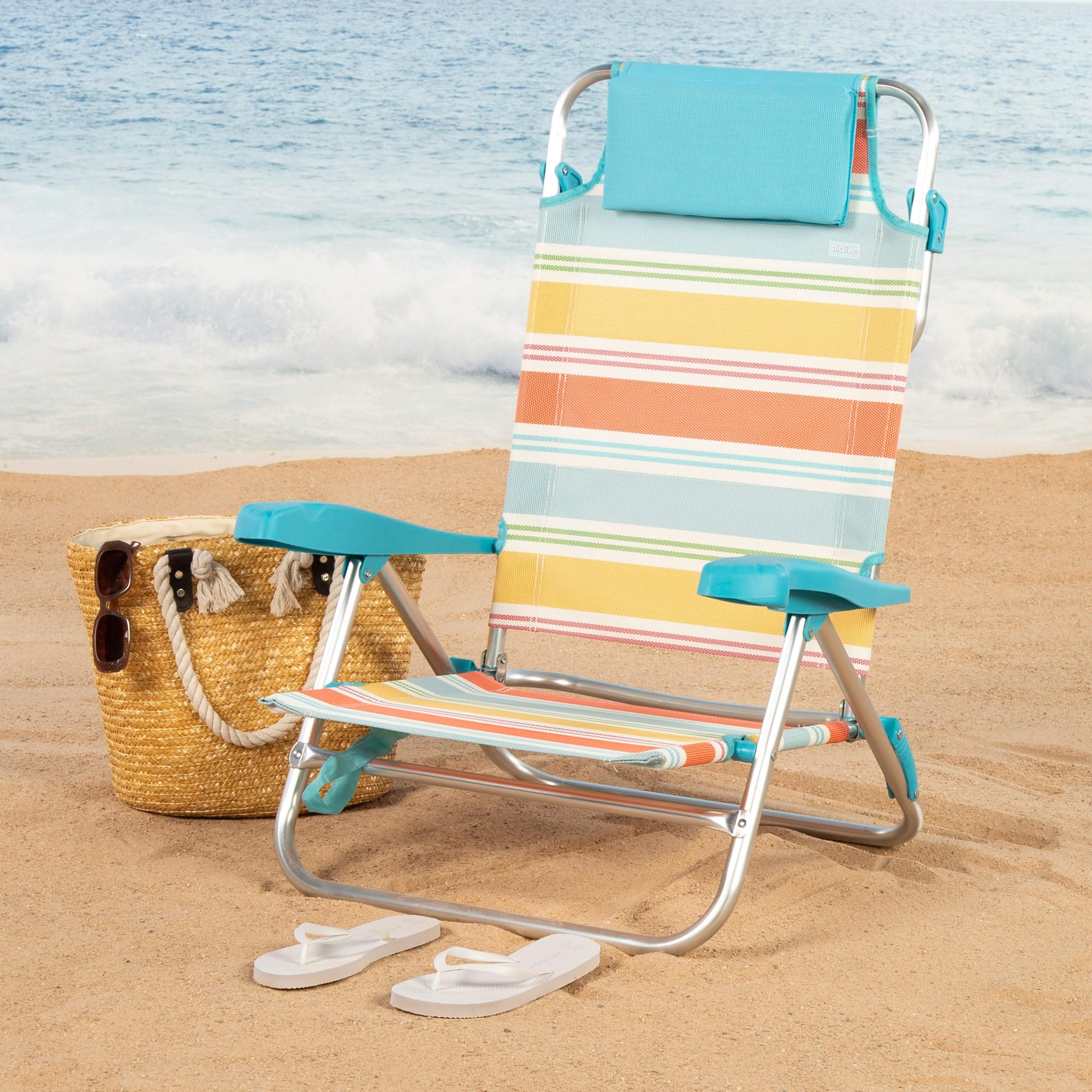 AKTIVE Chaise Pliante de Plage, 47 x 49 x 82 cm, inclinable en 8 Positions, en Aluminium et textilène à Rayures Multicolores, avec Coussin, Poche arrière et poignées à Main, modèle Santorini (62419)