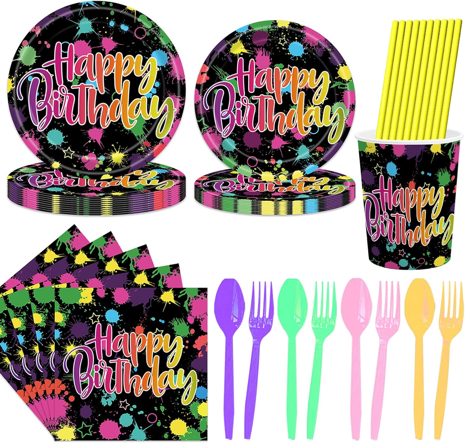 168 Pcs Neon Glow Birthday Party Tableware Set, Party Table Decorations Supplies Include 7 Inch and 9 Inch Disposable Paper Plates, Napkins, Cups Straws and Forks Spoons for 24 Guests 168 Pcs Neon Glow Birthday Party Tableware Set, Party Table Decorations Supplies Include 7 Inch and 9 Inch Disposable Paper Plates, Napkins, Cups Straws and Forks Spoons for 24 Guests