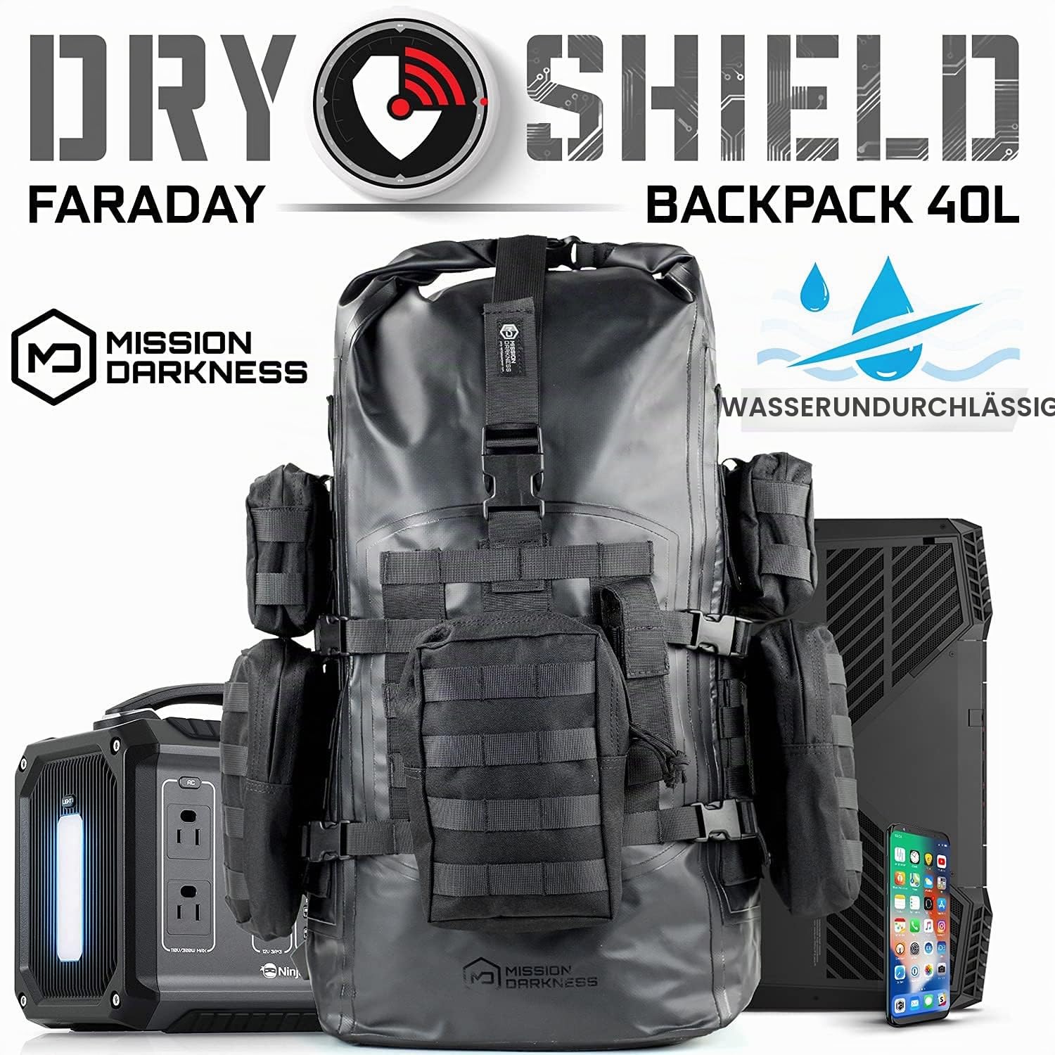 Mission Darkness Dry Shield Faraday Rucksack 40 Liter Fassungsvermögen // Wasserdichte taktische Tasche mit abnehmbaren MOLLE-Taschen, signalblockierendem Anti-Hacking-EMP-Schild für Elektronik