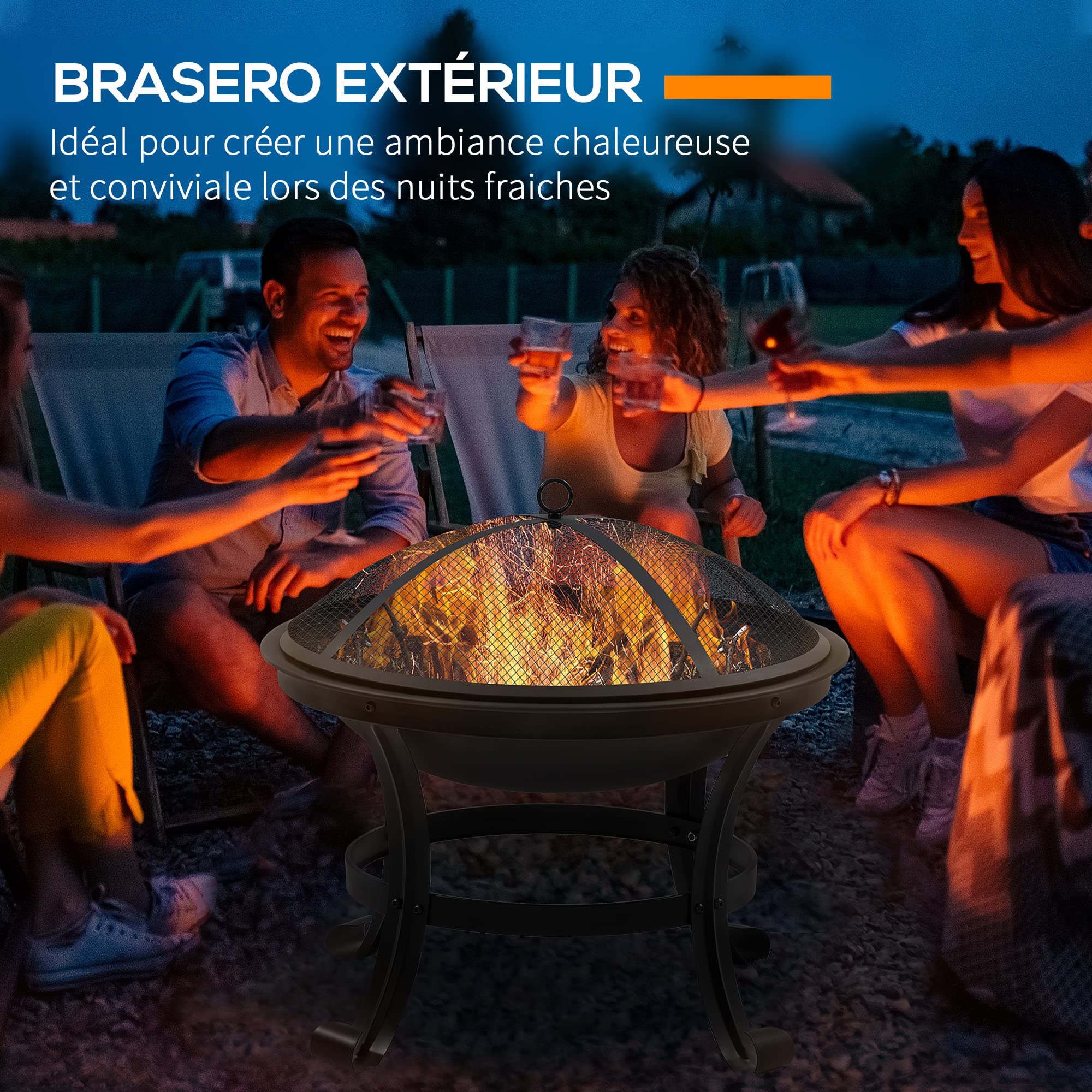 Outsunny Brasero cheminée Rond avec Pare-étincelles 55L x 55l x 50H Noir | Foyer extérieur, tisonnier, métal