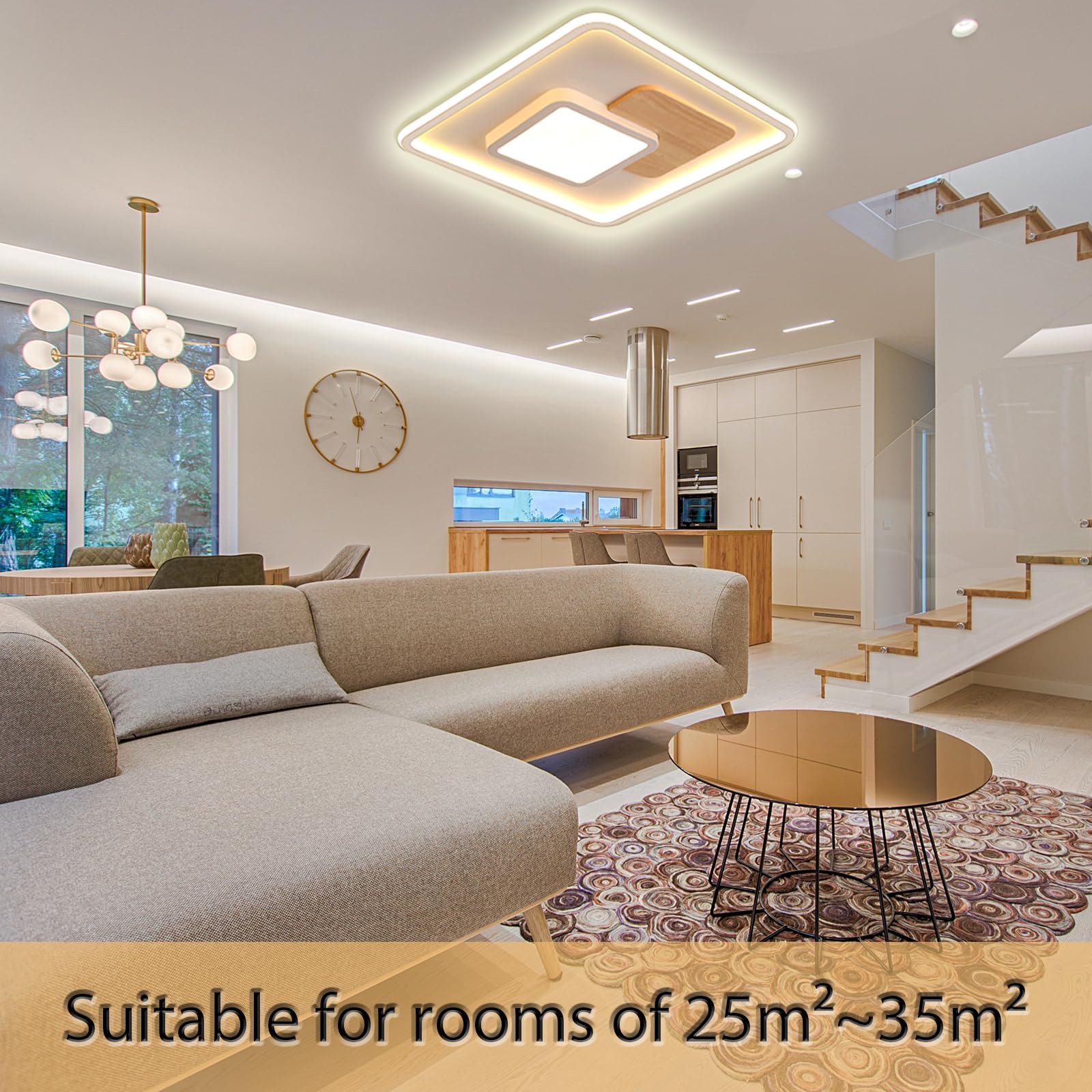 Quadrat LED Deckenleuchte, Deckenlampe mit Holz, Deckenlampen Dimmbar mit Fernbedienung,Moderne Holz Deckenlampe für Schlafzimmer Kinderzimmer Wohnzimmer Küche(51.5 * 51.5CM 50W)