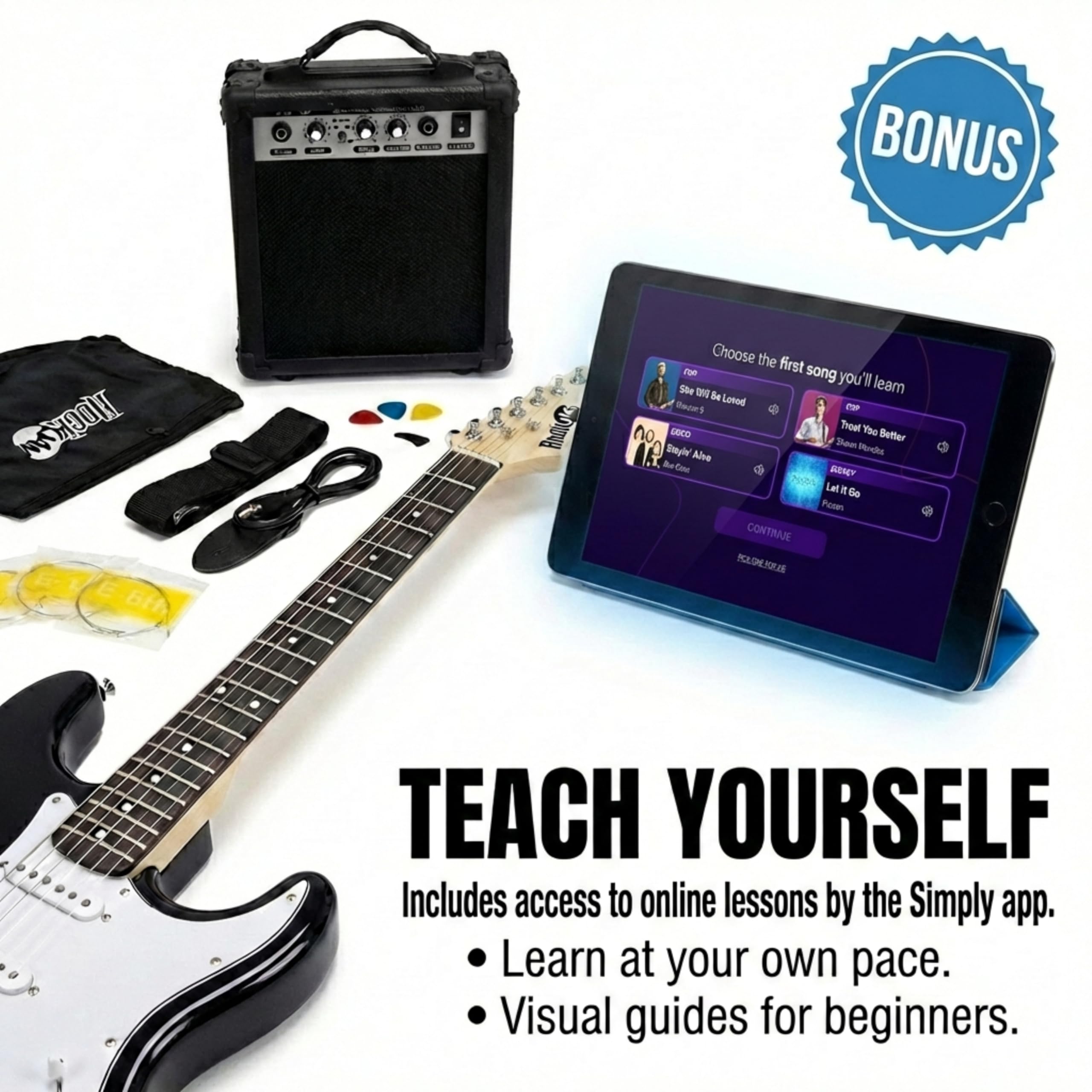 Kit per chitarra elettrica RockJam con amplificatore, borsa, vibrato, tracolla, cavo, corde di ricambio e lezioni