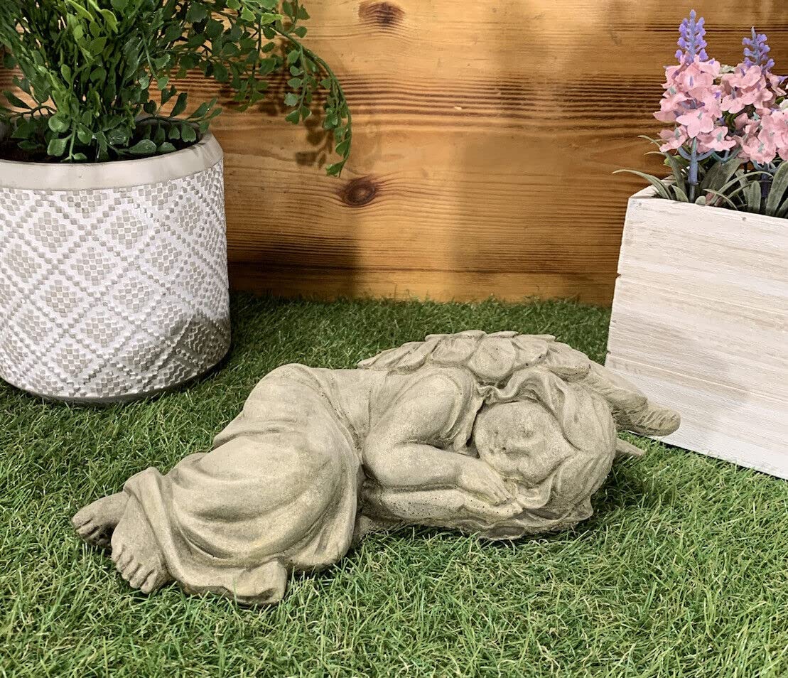 STONE GARDEN SLEEPING ANGEL WITH WINGS RESTING MEMORIAL GIFT ORNAMENT