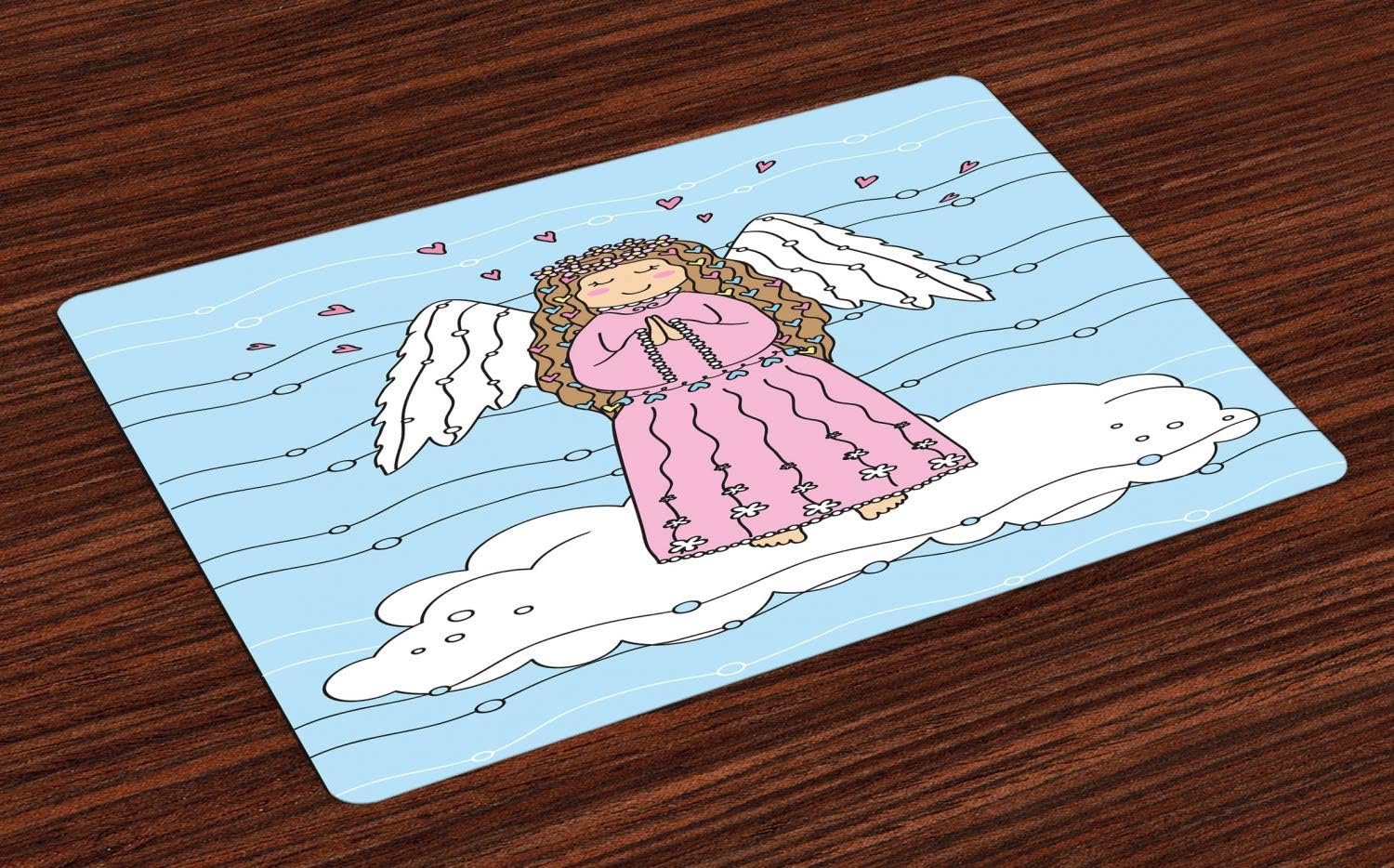 Ambesonne Angel Wings Place Mats Set of 4, Girl on Clouds for Love Christmas Hearts Doodle, Washable Fabric Placemats for Dining Table, Standard Size, Azure Blue