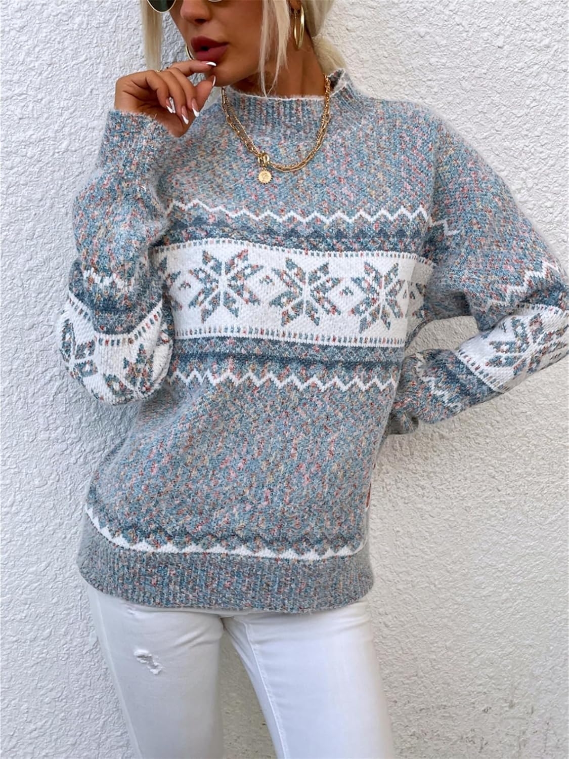 Women’s Snowflake Christmas Sweater Warm Knitted Winter Pullover Crewneck Tops Long Sleeve Christmas Party Sweater - Image 2
