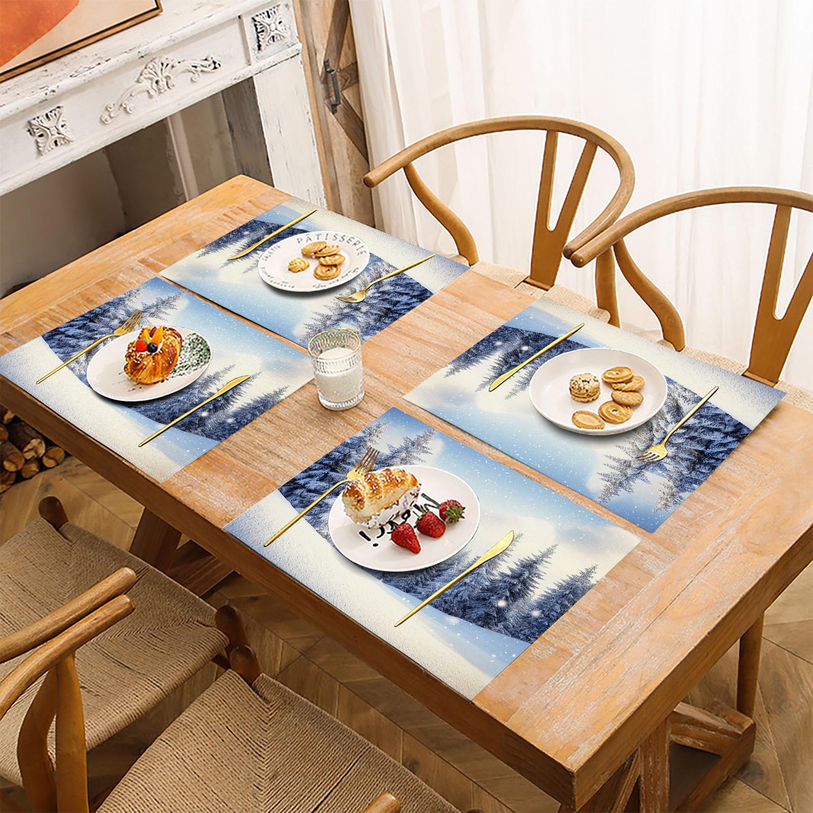 8 Tovagliette Colazione Stoffa 45 x 30 cm,Neve Montagne Tovagliette Americane Lavabili, Placemats Naturalmente La Pineta per Primavera Vacanze Cucina Feste, Pasqua