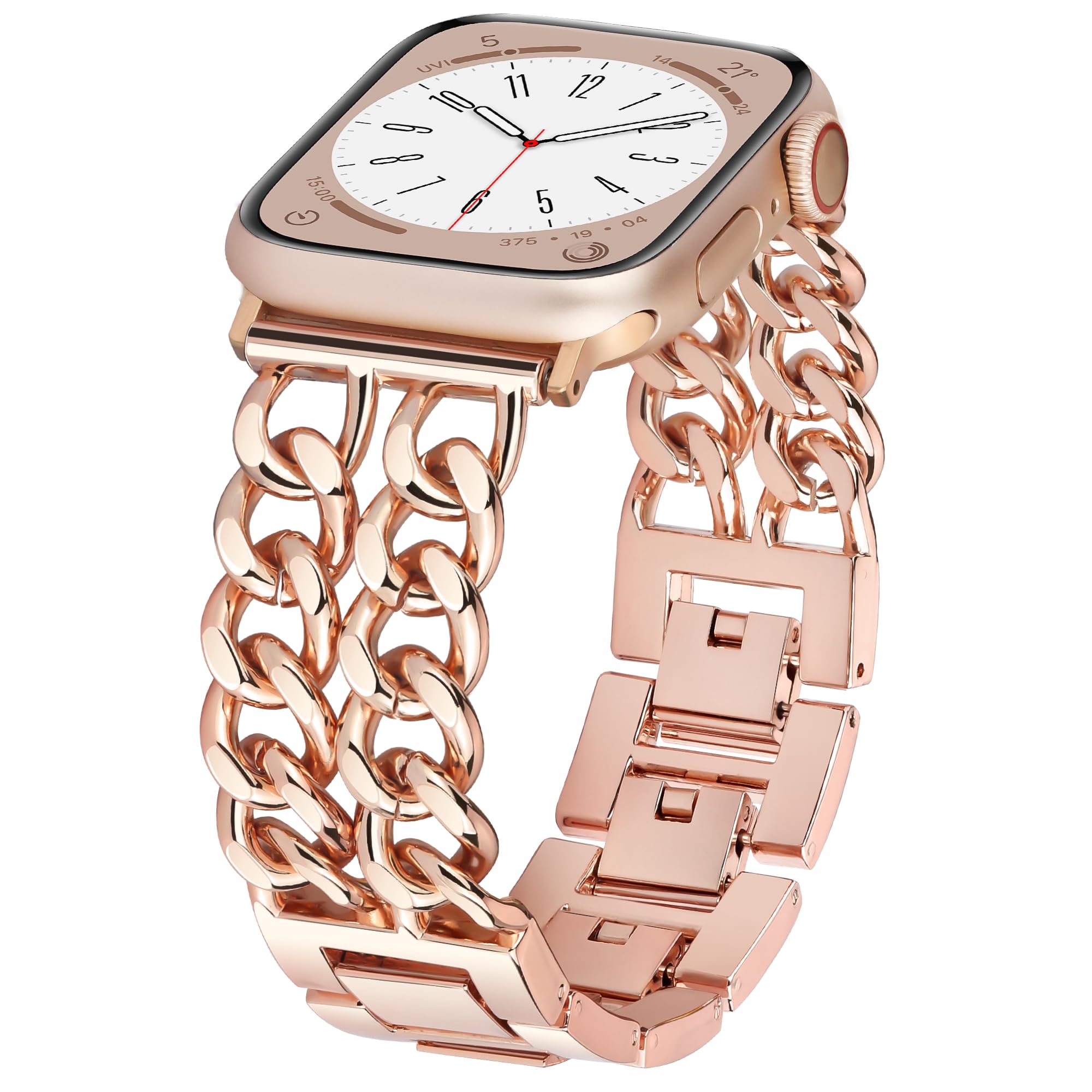 Aniaboho Compatible with Metal Designer Dressy Apple Watch Bands for Women Men 42mm(Series 10) 40mm 41mm 38mm, Double Chain iWatch Bands for Apple Watch Ultra 2 1 SE Series 10 9 8 7 6 5 4 3 2 1 Bracelet Sport Band(Rose Gold)