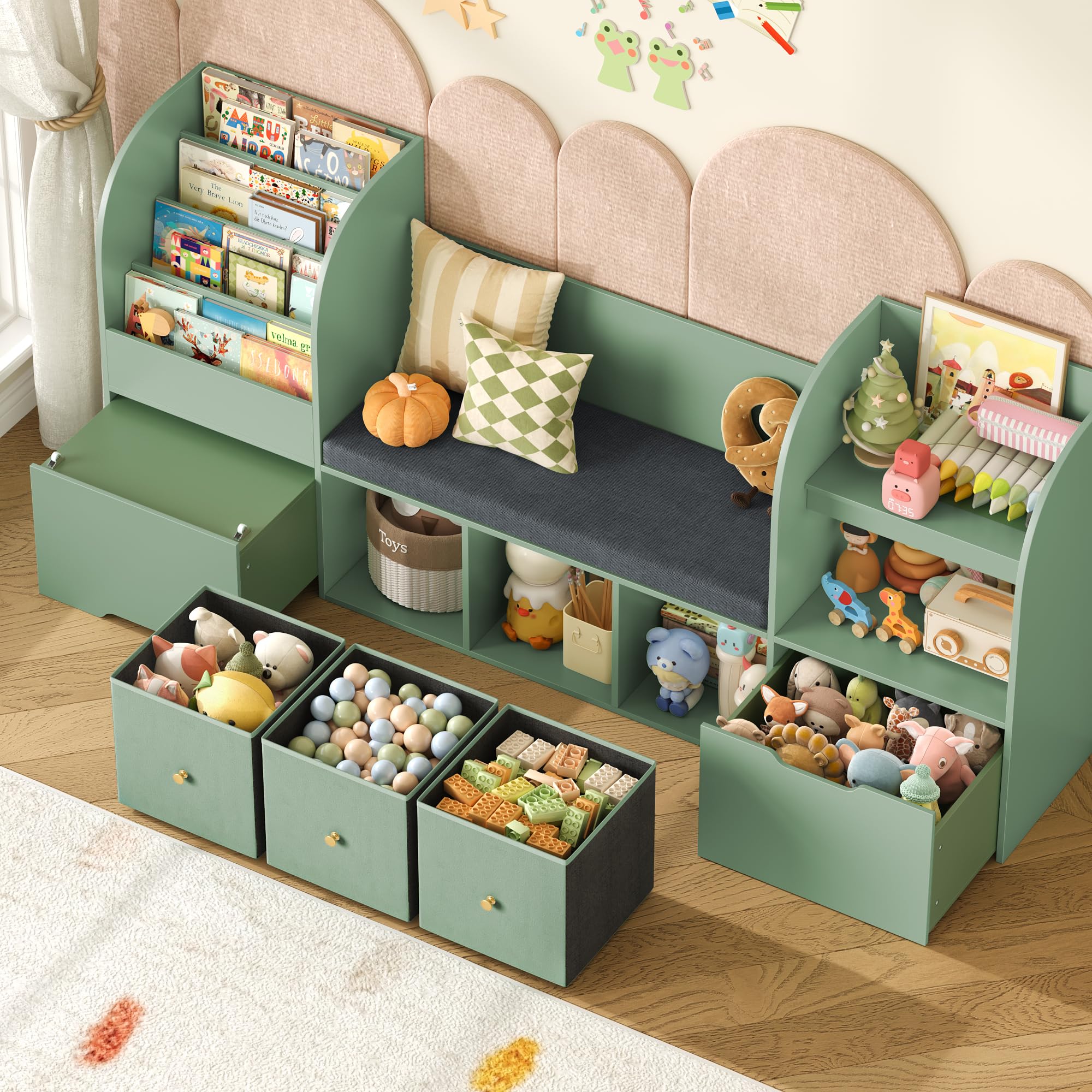 FOREHILL Meuble Rangement Enfant 180cm Bibliothèque Enfant avec Banc Vert