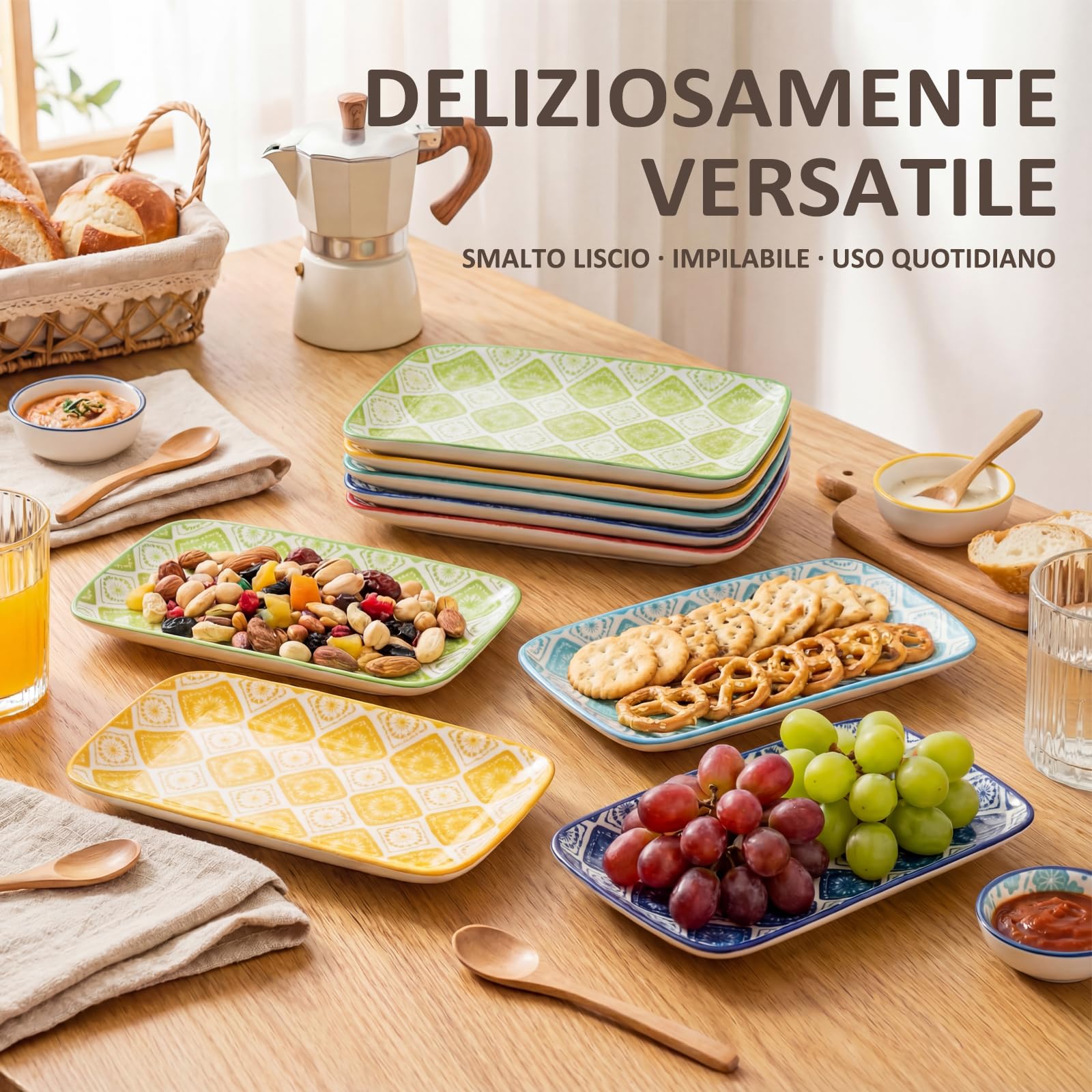 Piatti Servizio Ceramica Piatto Rettangolari - Set Piatti Colorati Design Porcellana - Piccoli Piatti Dessert | Sushi | Aperitivo | Dolce - Adatto per Microonde e Lavastoviglie - 20 x 11 cm - Set da 6