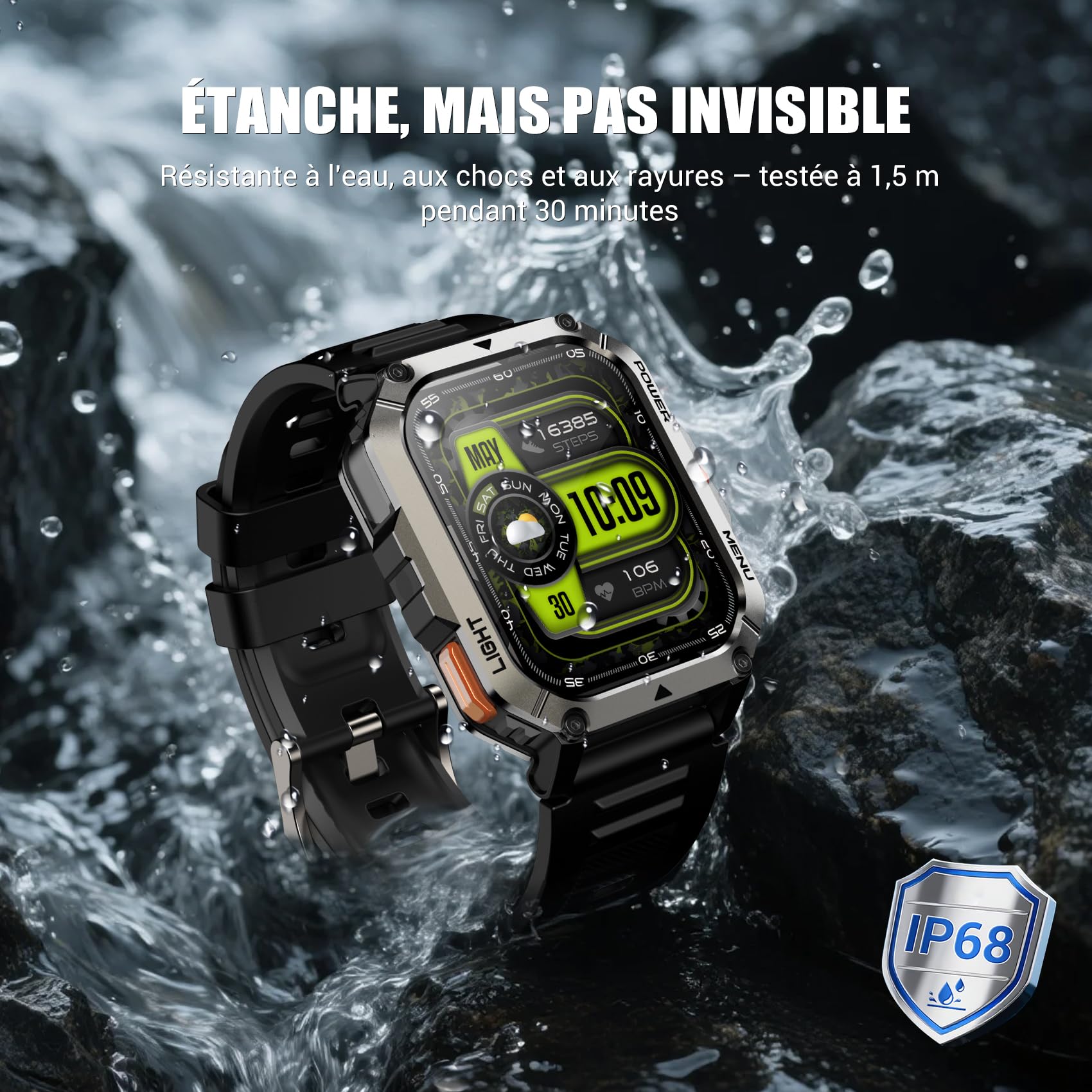 IOWODO Montre Connectée Homme 2026 | Écran 2,01" Autonomie 100 Jours | Lampe Torche LED Boussole | 100+ Modes Sportifs | Indice Protection IP68 Conformité aux Normes Militaires