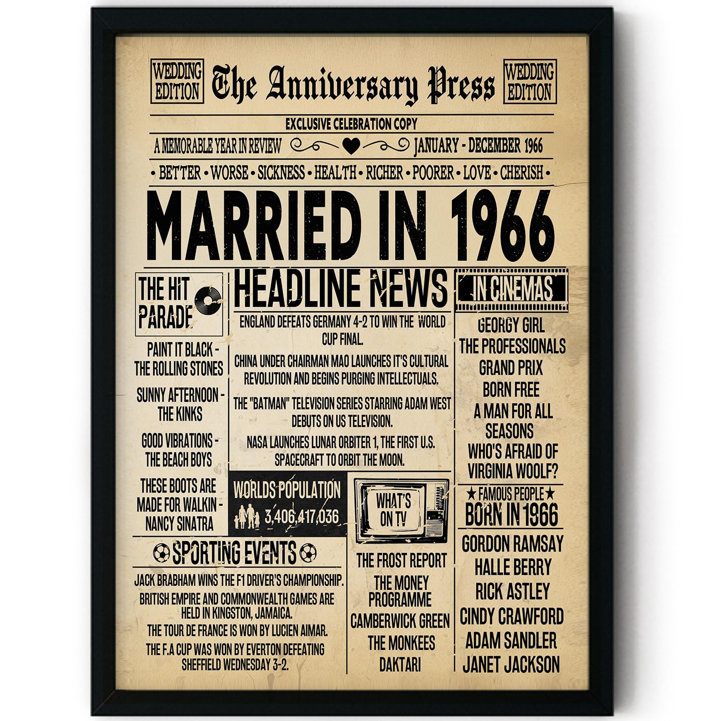 Stuff4 Men's 1966 60Th Anniversary Poster Framed - Married In Newspaper - 60 Wedding Anniversary For Wo Retro Vintage Gifts Back In 8X10 Inch Anniversaries Posters
