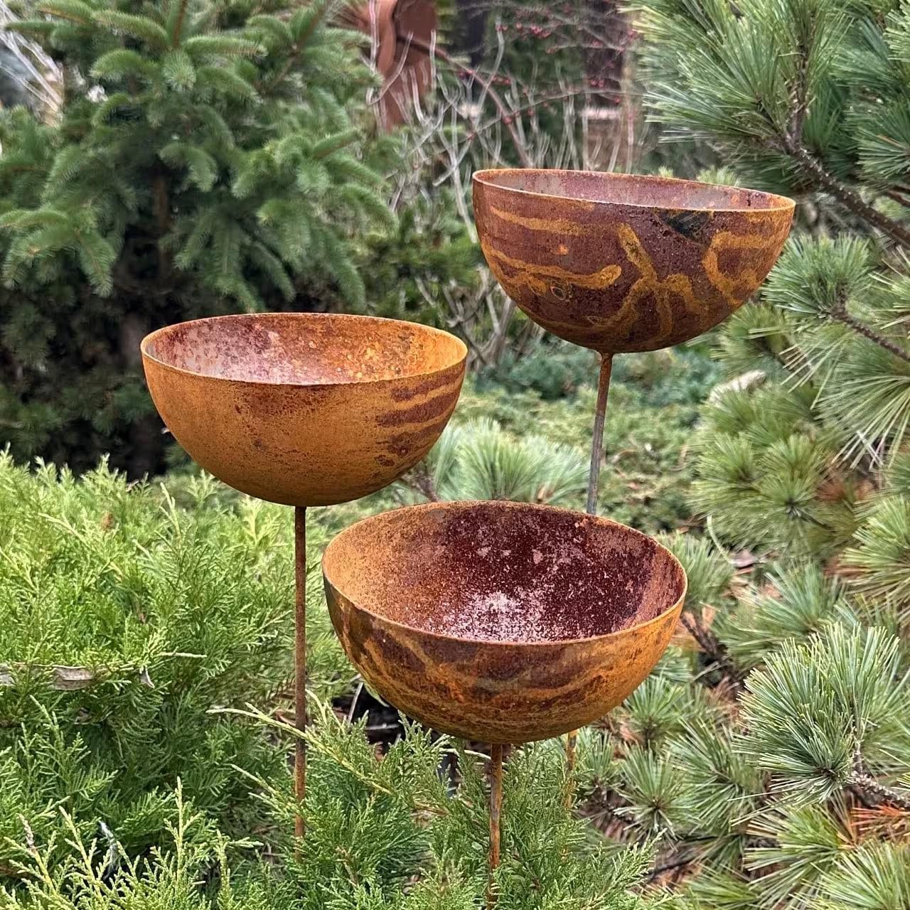 Bird Bath Outdoor Garden Decor, Rusty Flower Garden Stakes, Set of Three 6” Bird Baths, Metal Water Bowl, Yard Art, Rustic Garden Accent