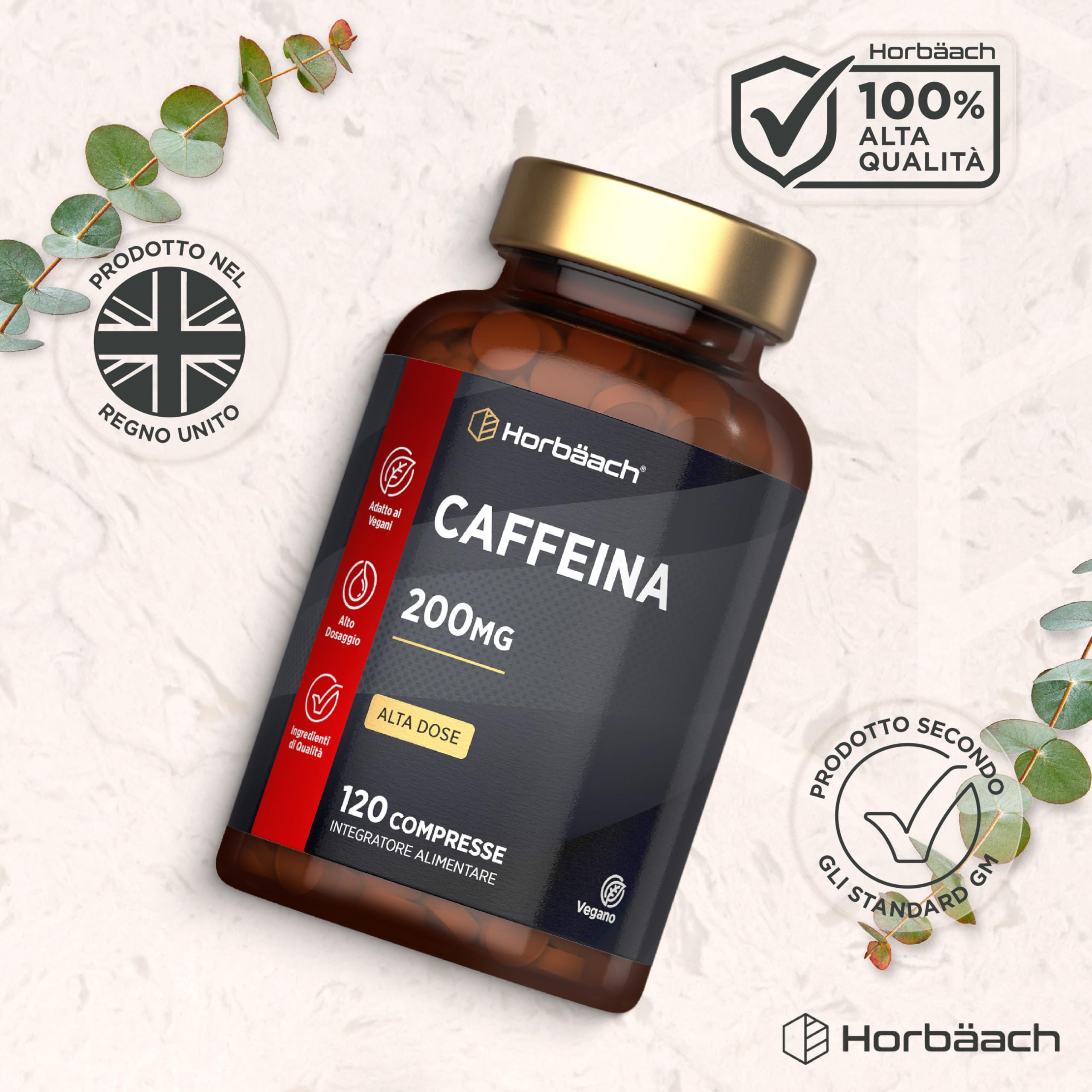 Caffeina Integratore 200 mg | 120 Compresse Vegane per 4 Mesi di Scorta | Integratore Alimentare Senza Conservanti and Additivi | Caffeine Pills ad Alto Dosaggio | by Horbaach