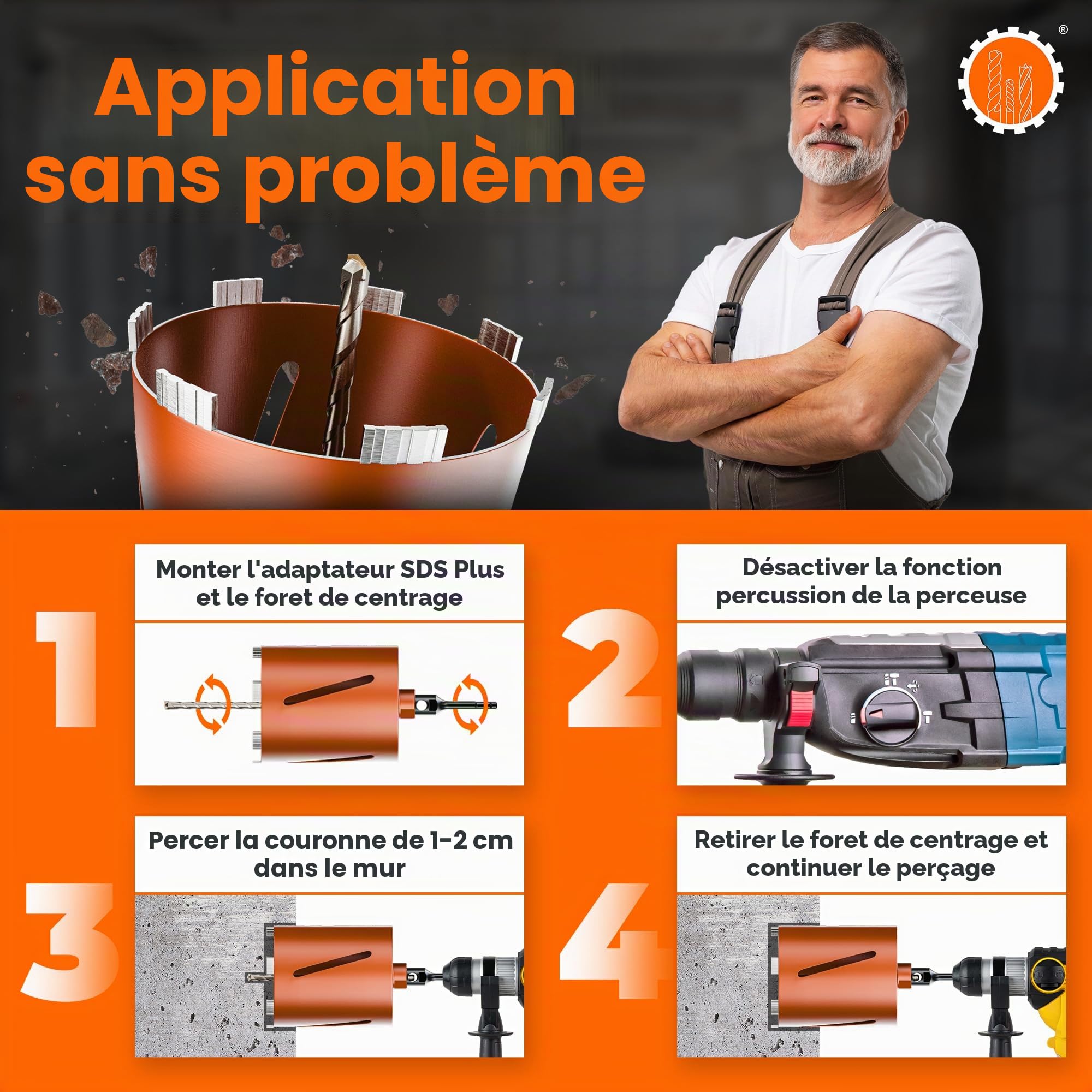 Couronne de forage diamantée avec emmanchement SDS PLUS Longueur utile 180 mm Diamètre 162 mm