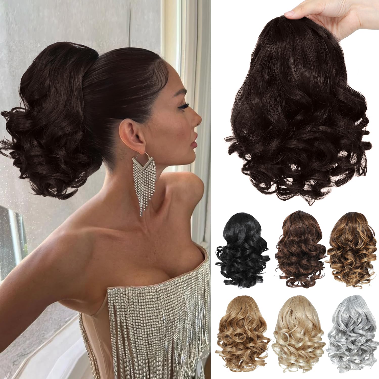 Drawstring Ponytail For Women Short Curly Wavy Ponytail Extension Synthetic 10 Inch Loose Wavy Pony Tails Hair Extensions(Brown Black#)