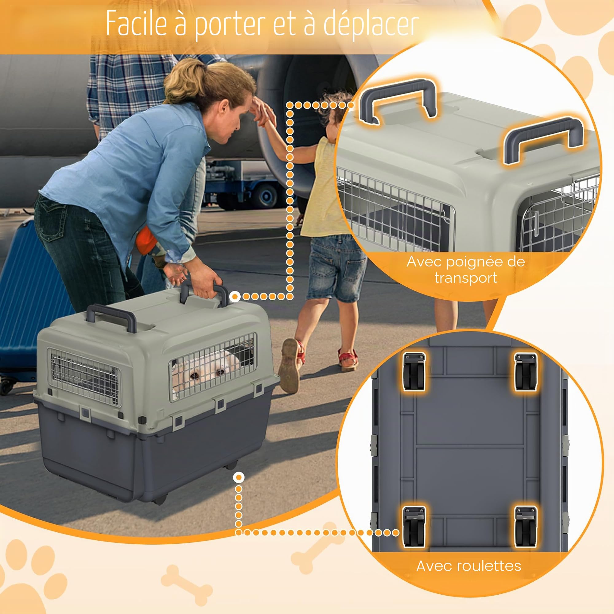 NAIZY Boîte de transport pour chien - 67 x 51 x 58,5 cm - Avec porte en métal et fentes d'aération - Charge maximale : 12,5 kg - Avec coussinets de pisson, gamelles et roulettes