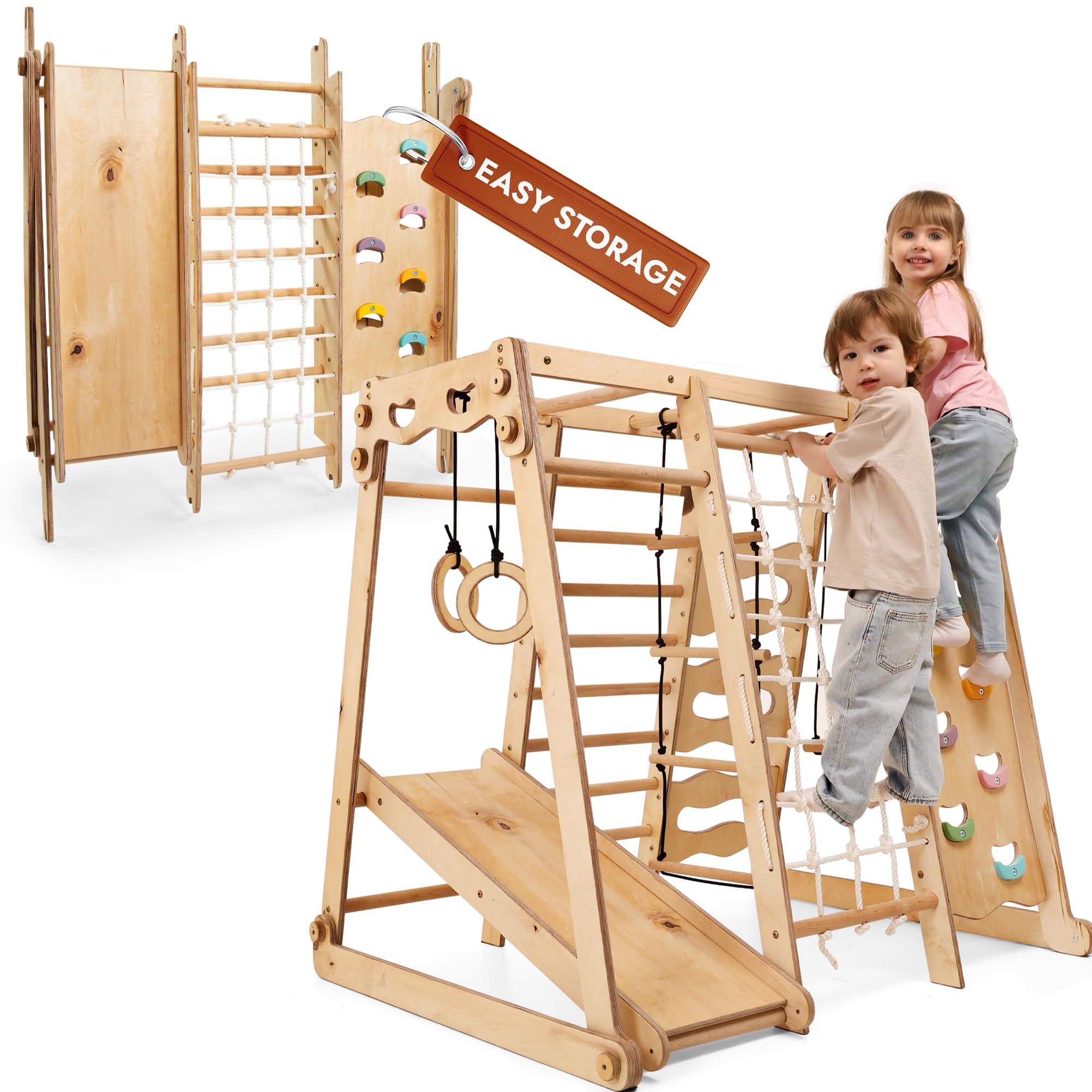 Goodevas Juego de escalada 9 en 1 para interiores para niños, juego de escalada Montessori con tobogán, columpio, pared de escalada, triángulo de escalada – parque de juegos para dormitorio infantil