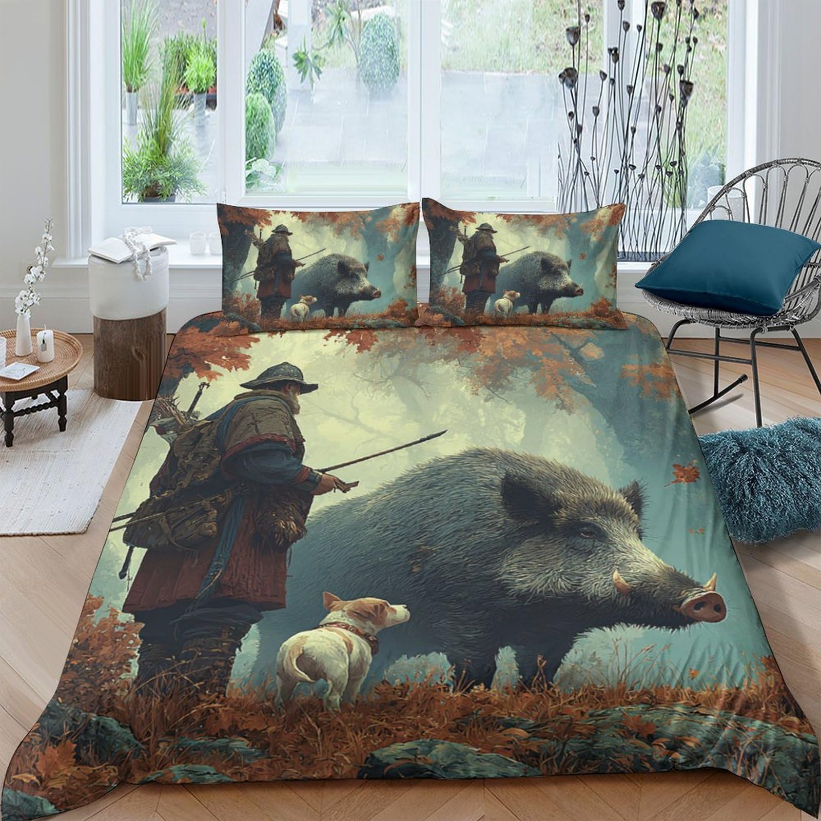 Ctjqhvkz Style-9 3D Printed Hunter Forest Fitted Sheet Microfiber Soft Breathable Wild Boar Bed Cover For Bedroom Dorm Decor Protection Single（135X200cm）