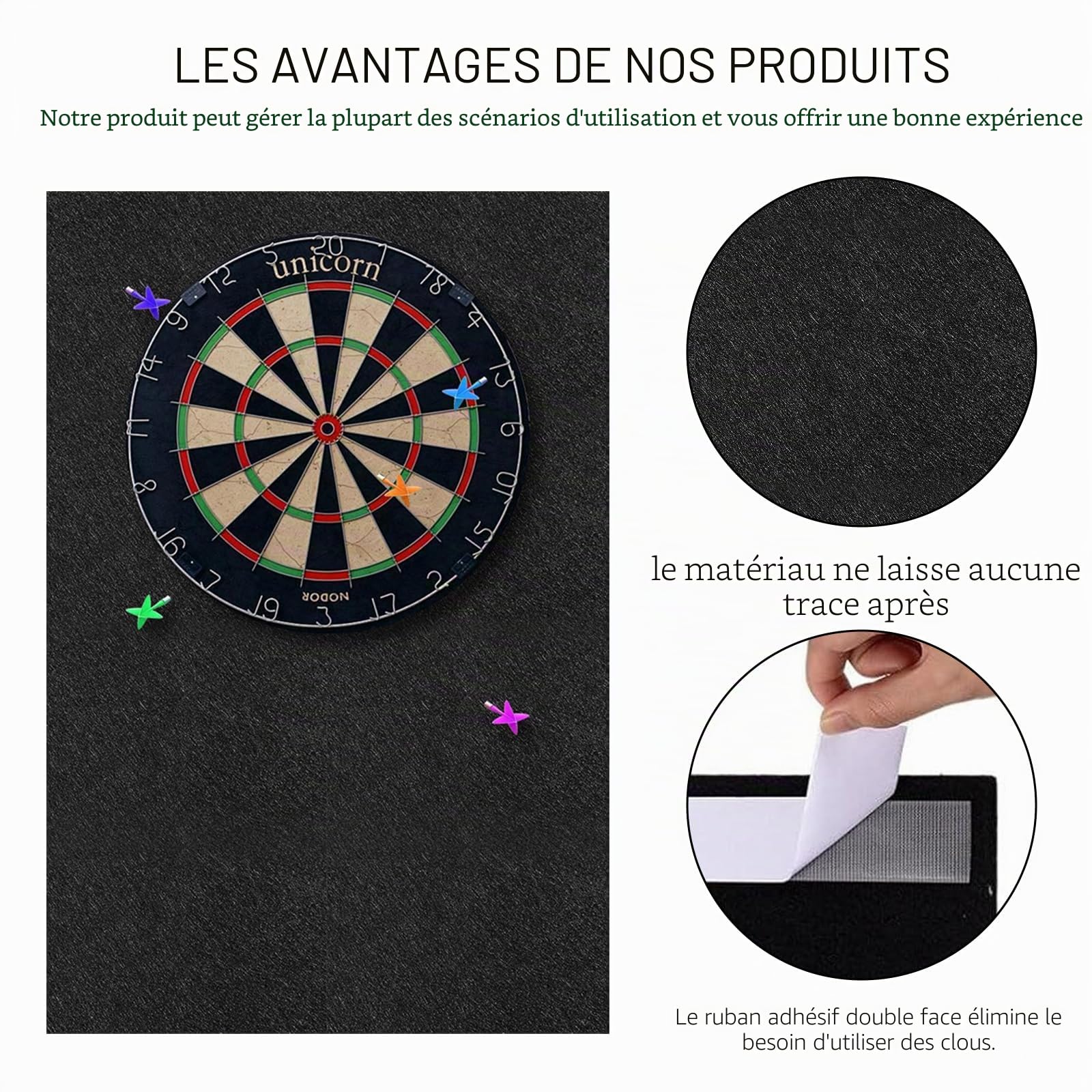 Cible de fléchettes en feutre 60 x 90 cm - Protection murale pour jeu de fléchettes pour cible de fléchettes en liège et carrelage mural - Peut protéger les murs - Noir