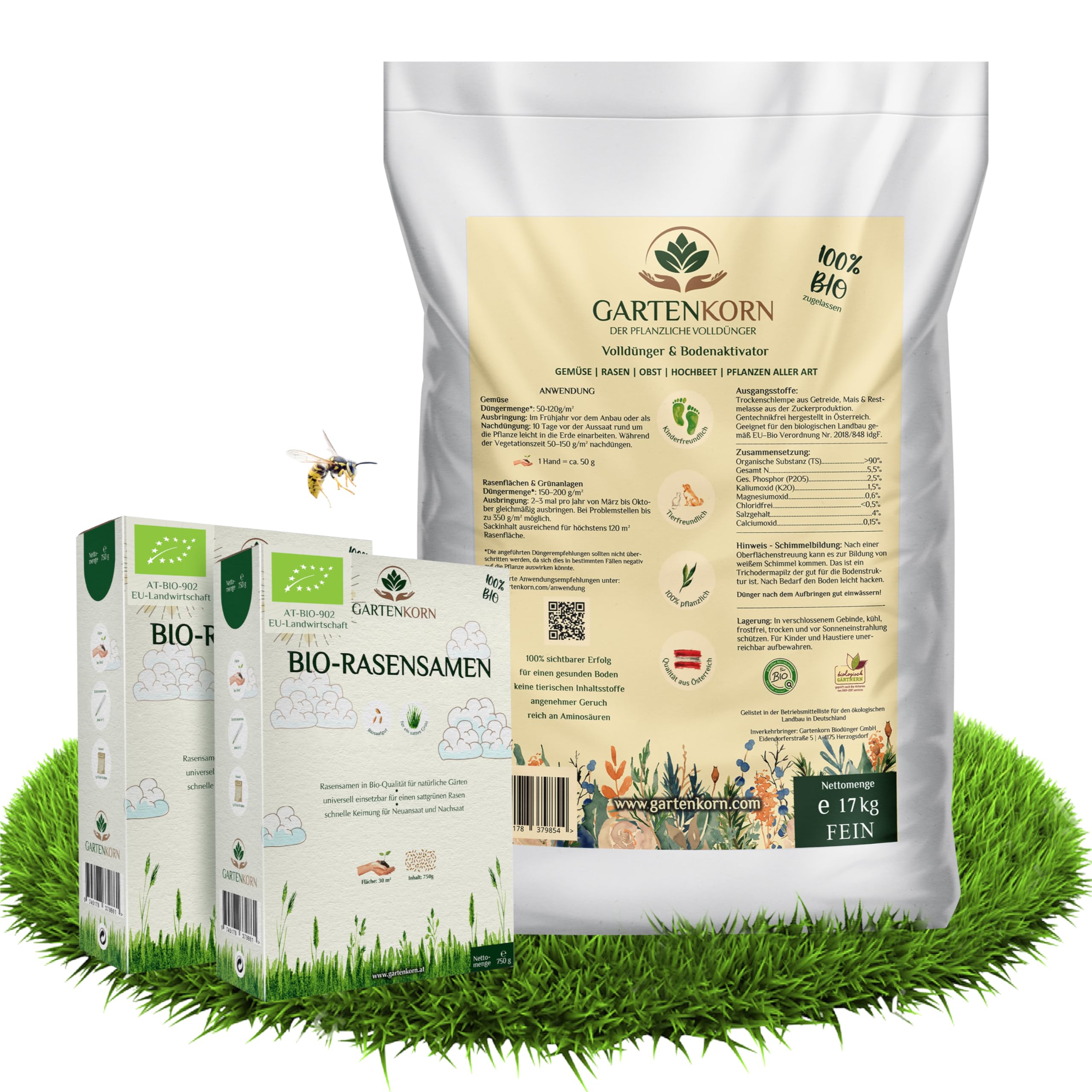 Bio Rasen Set mit Dünger & Rasensamen für 60m² - Grassamen mit Langzeit Volldünger & Bodenaktivator für Lücken & Rasen Nachsaat, organisch & vegan, unbedenklich für Kinder und Haustiere