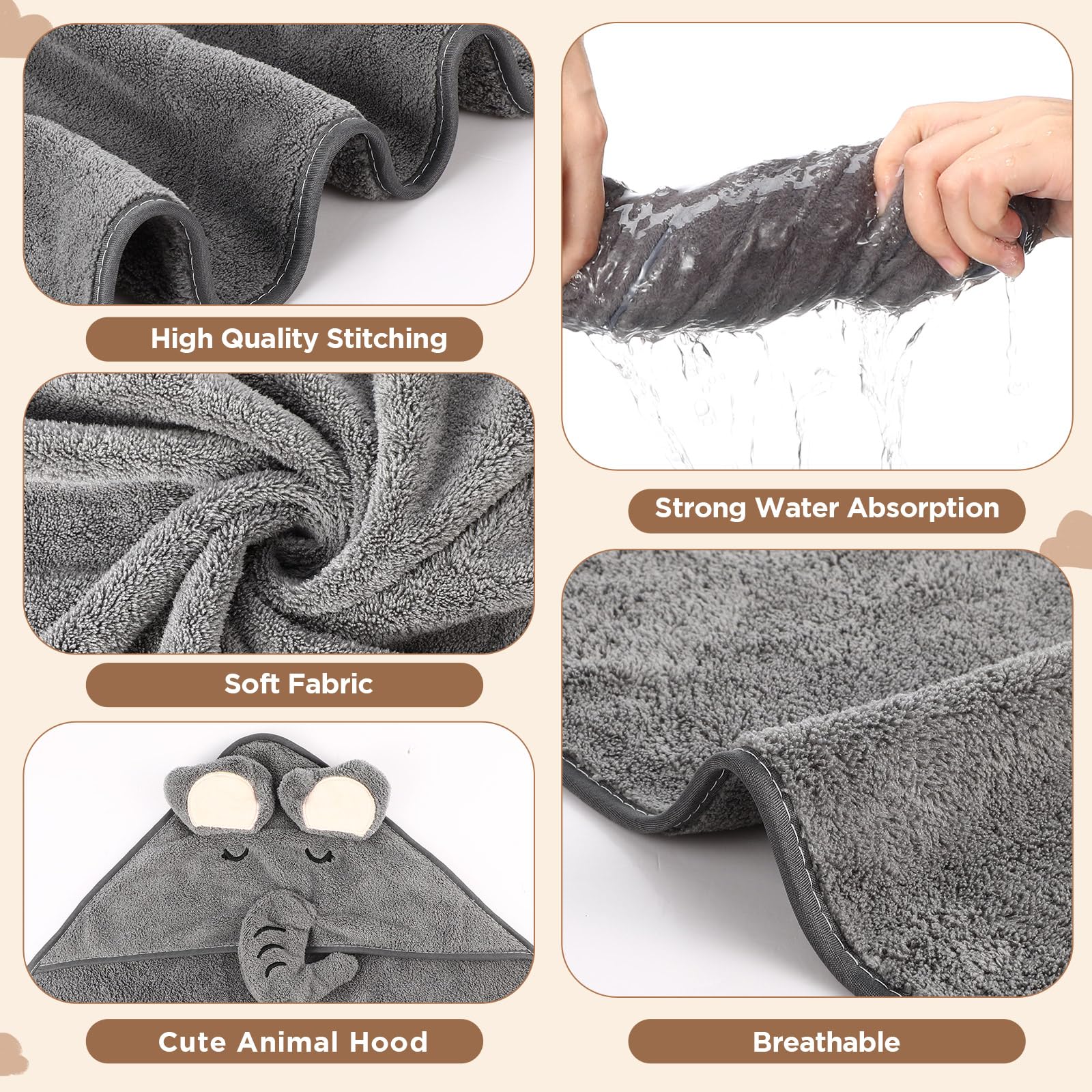 SmoothNovelty Juego de 6 toallas de baño para bebé de 31.5 x 31.5 pulgadas, toalla con capucha para bebé, forro polar coral, suave, absorbente, manta de baño con capucha para recién nacidos, niños,