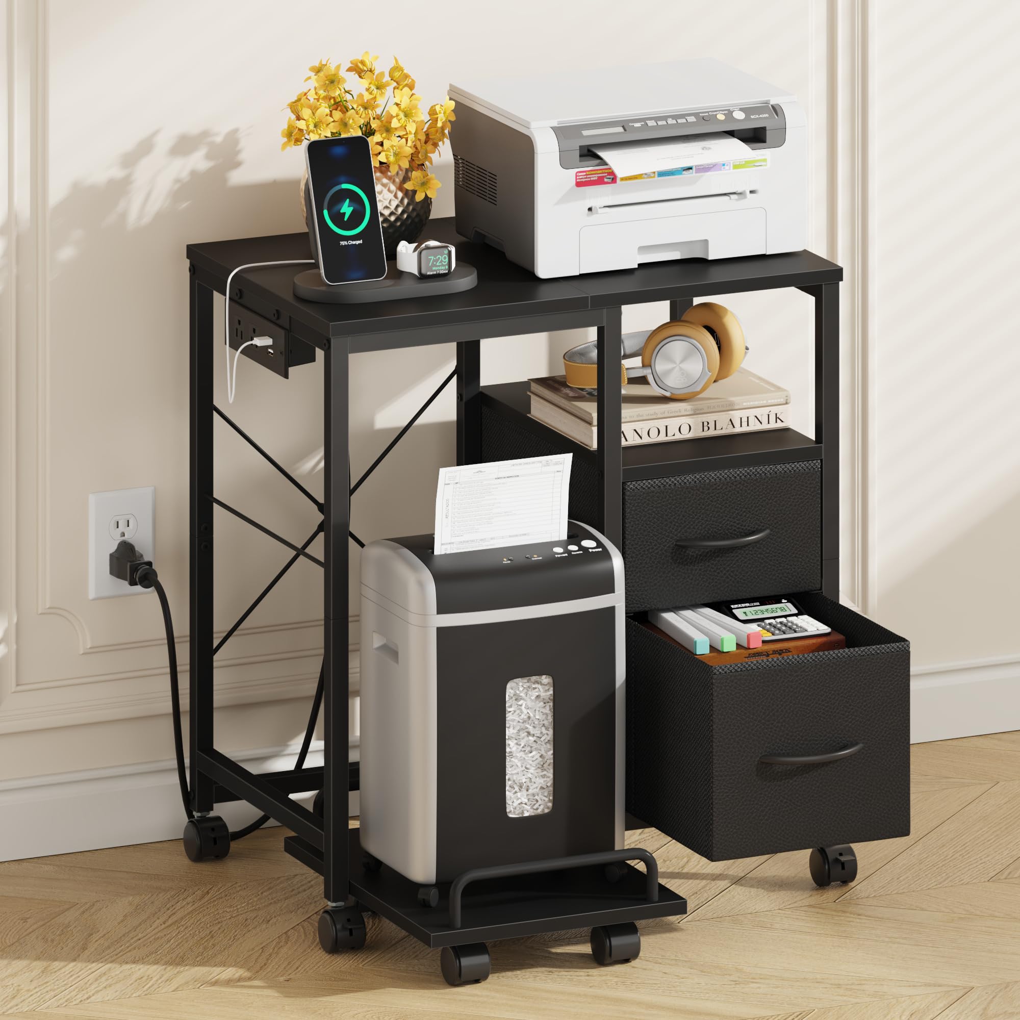 Photo 1 of YAOHUOO Printer Stand with Power Outlet/Fabric Drawers, Printer Cabinet with Storage Shelf and Rolling Shredder Stand, Printer Table for Home Office, 22.8"×15" Black