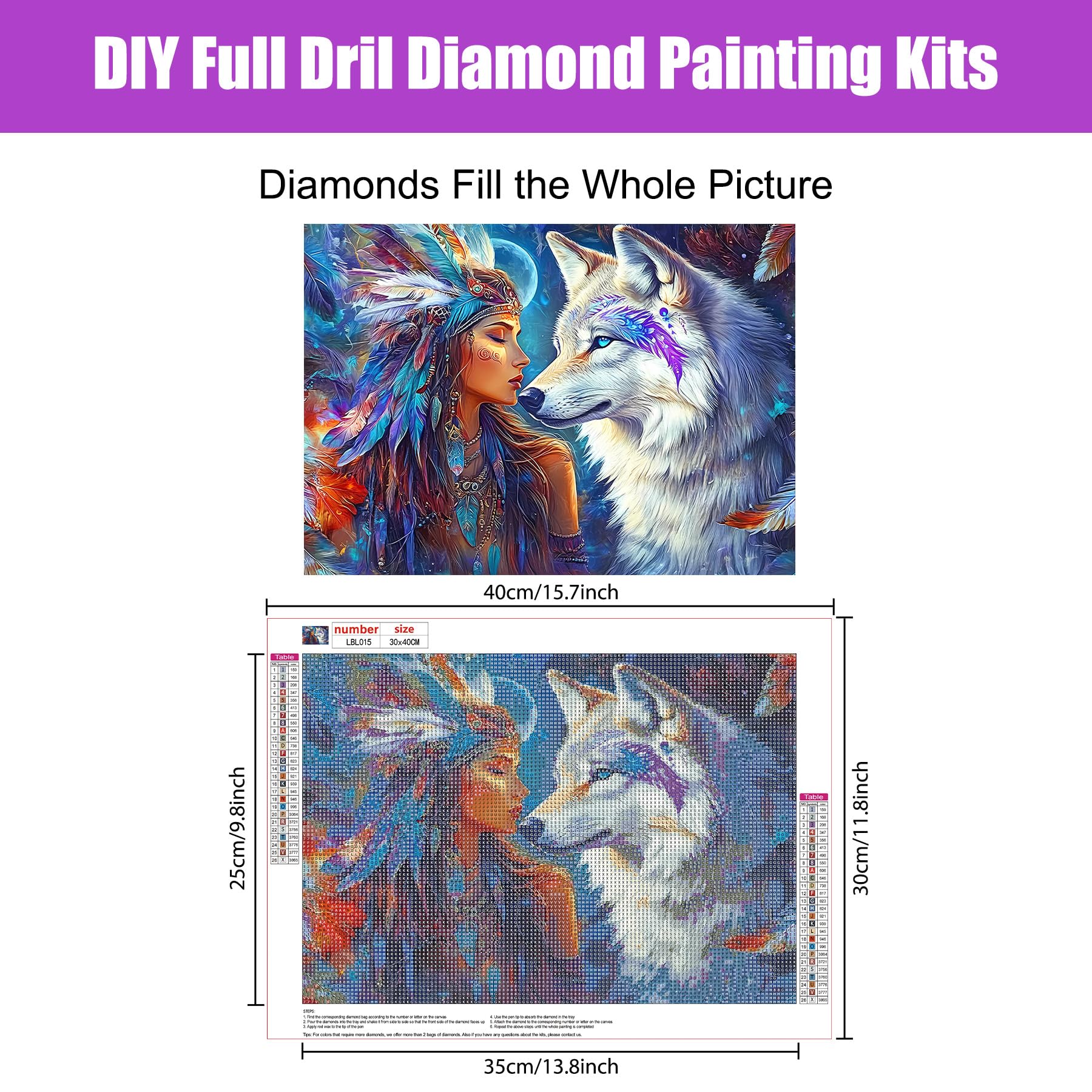 BOWETILE Wolf Diamond Painting Art Kits for Adults Indian Woman & Wolf Diamond Art Painting Kits - Image 2