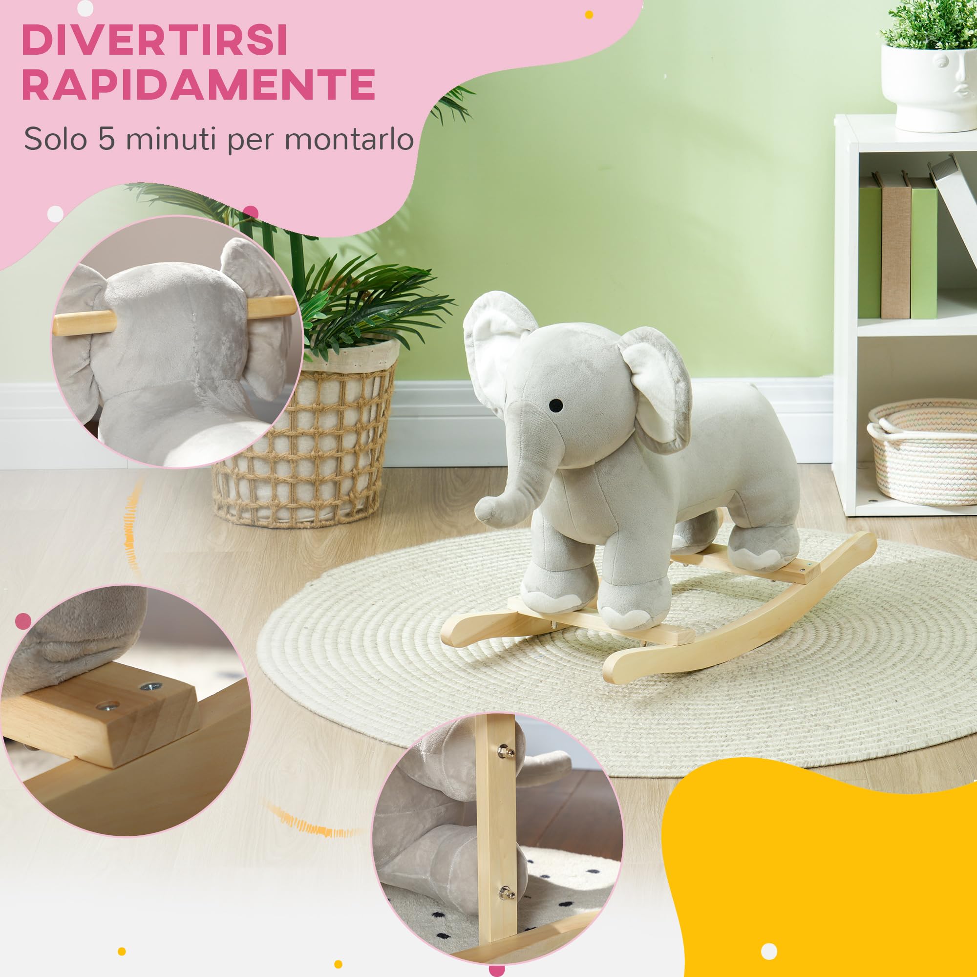 AIYAPLAY Cavallo a Dondolo per Bambini a Forma di Elefante, Cavalluccio a Dondolo Cavalcabile in Legno e Peluche con Base e Suoni Realistici, 2-4 Anni, 64.5x31x52 cm, Grigio