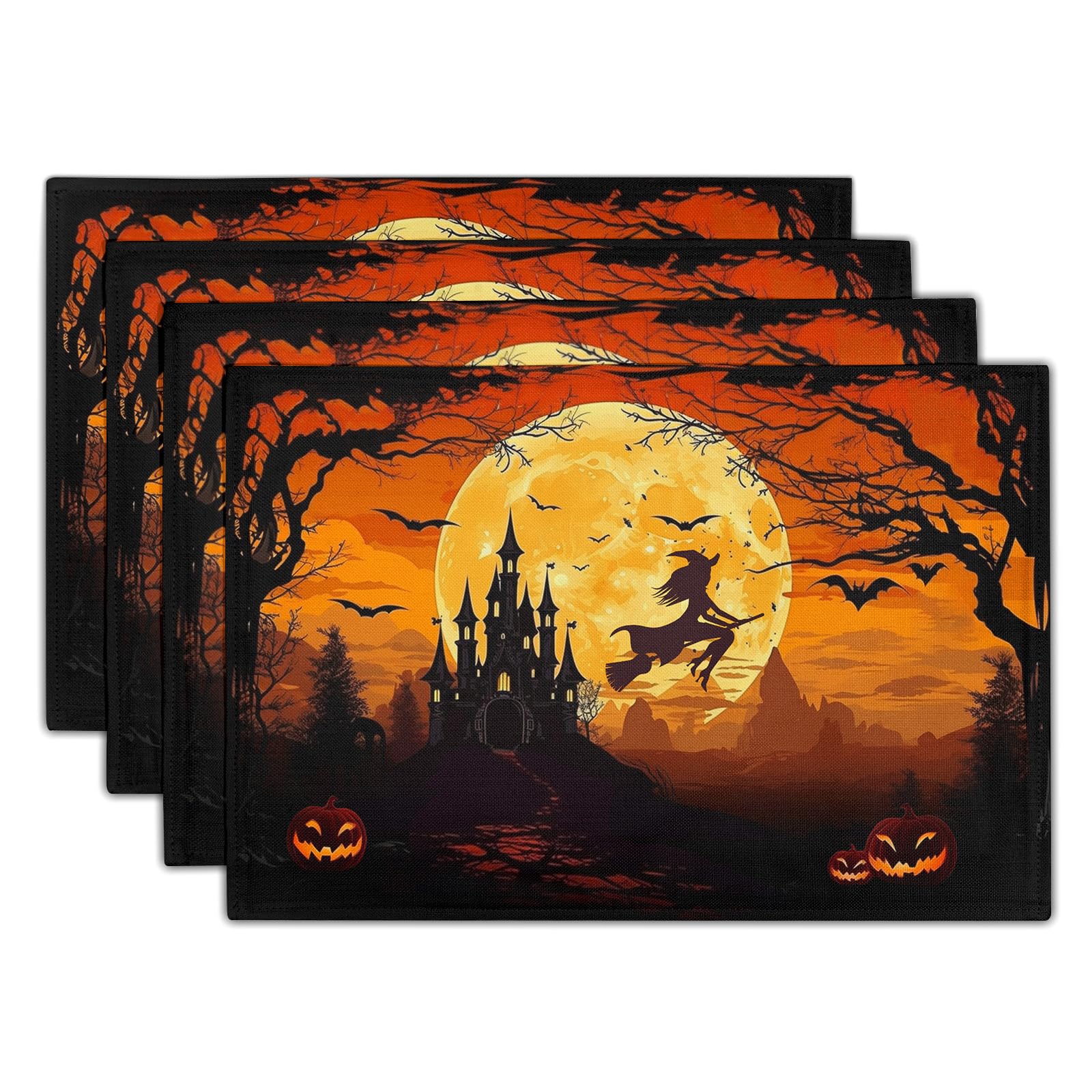 Halloween Witch Linen Placemats Set of 4 12x18 Inch Bat Castle Pumpkin Table Mat Heat-Resistant Washable Wipeable Place Mat for Party Kitchen Dining Home Decor