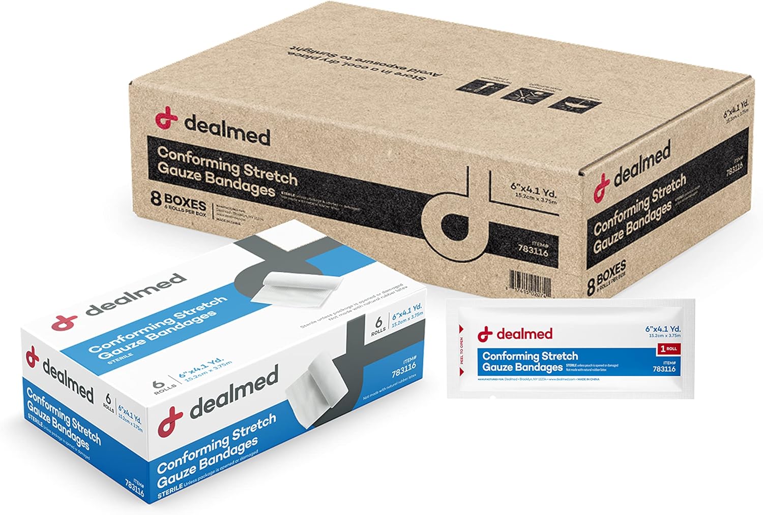 Dealmed 6" Sterile Conforming Stretch Gauze Bandages, 4.1 Yards Latex Free Stretched Dressing Wrap, Medical Non-Adherent Wound Care Mesh Bandages (Case of 48 Rolls)