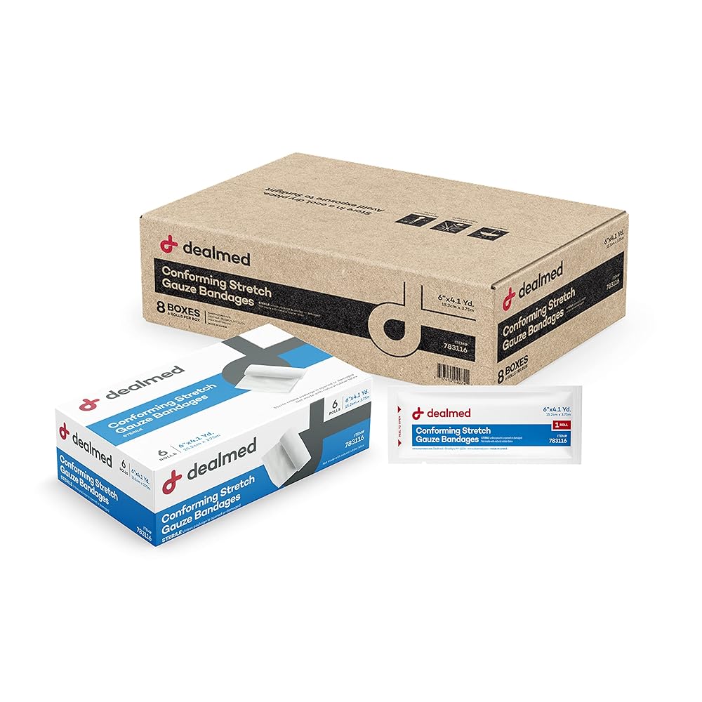 Dealmed 6 Sterile Conforming Stretch Gauze Bandages, 4.1 Yards Latex Free Stretched Dressing Wrap, Medical Non-Adherent Wound Care Mesh Bandages (Case of 48 Rolls)