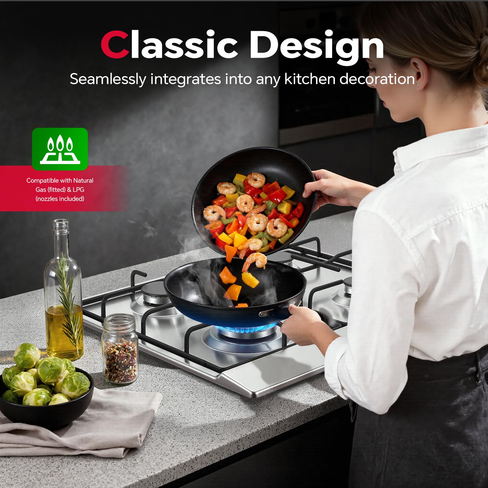 SNDOAS Gas Hob 4 Burners, 60cm Stainless Steel Cooktop, Built-in Gas cooker Hob, 7060W, NG/LPG Convertible, Silver Metallic Finish with Automatic Ignition — view 5
