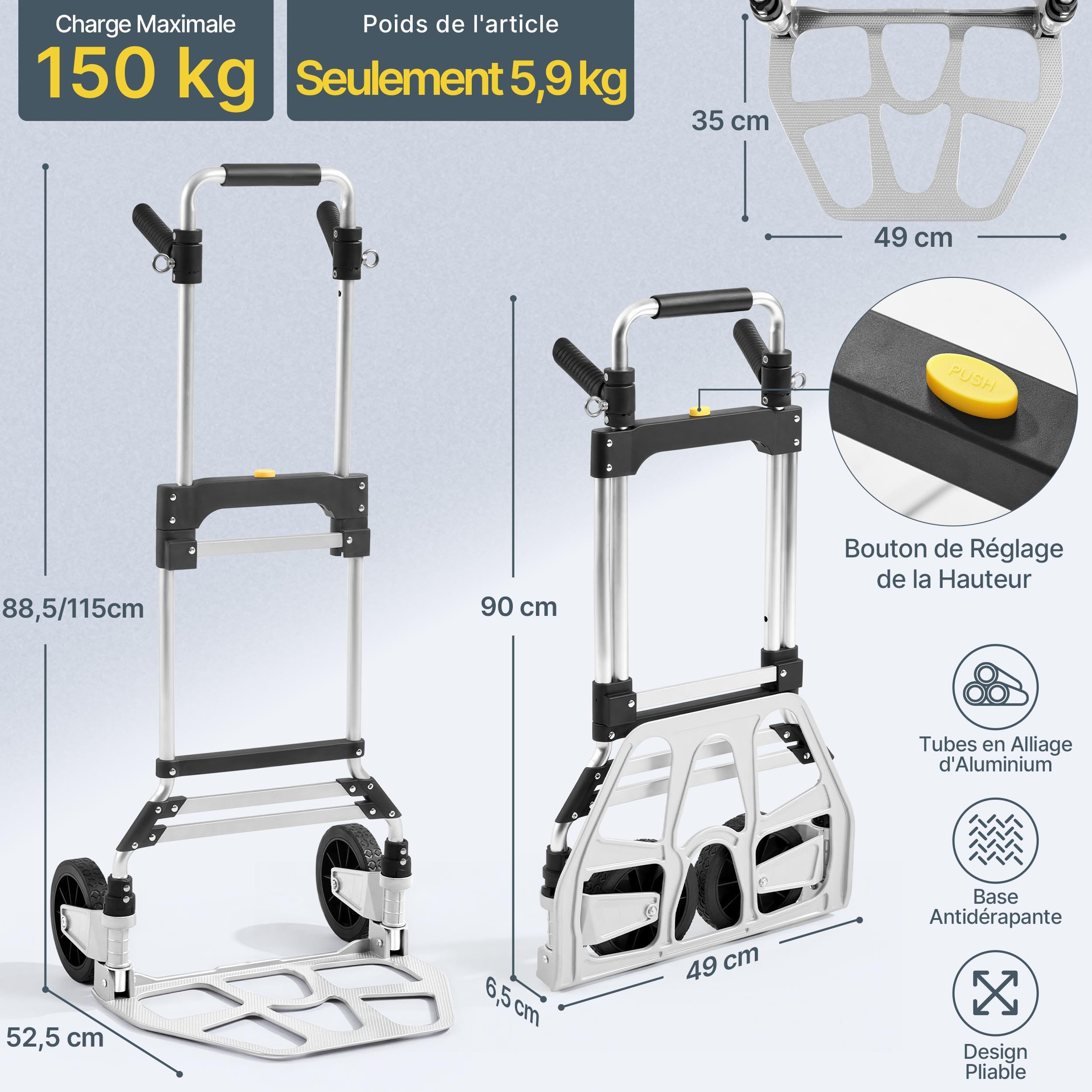 Yaheetech Diable Pliable Capacité 150 kg, Chariot de Transport Pliant en Aluminium, Poignée Télescopique 88-115 cm, Léger et Robuste avec Bandes Élastiques, pour Déménagement, Achats