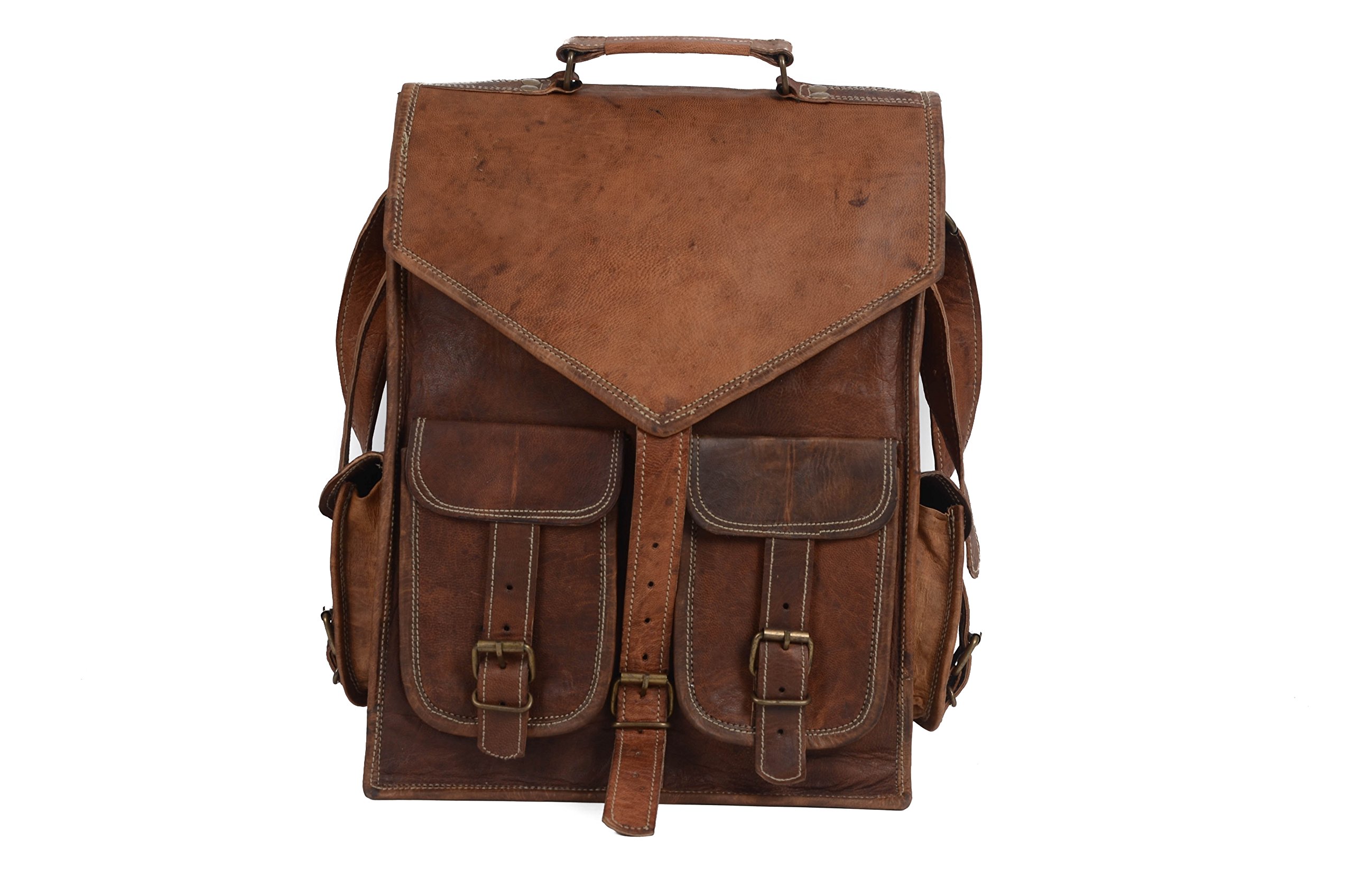 Genuine Leather Vintage Style Backpack Enough for 15" inch Laptop Casual Rucksack Hiking Travel Bag / School College Bag By INDO CRAFT