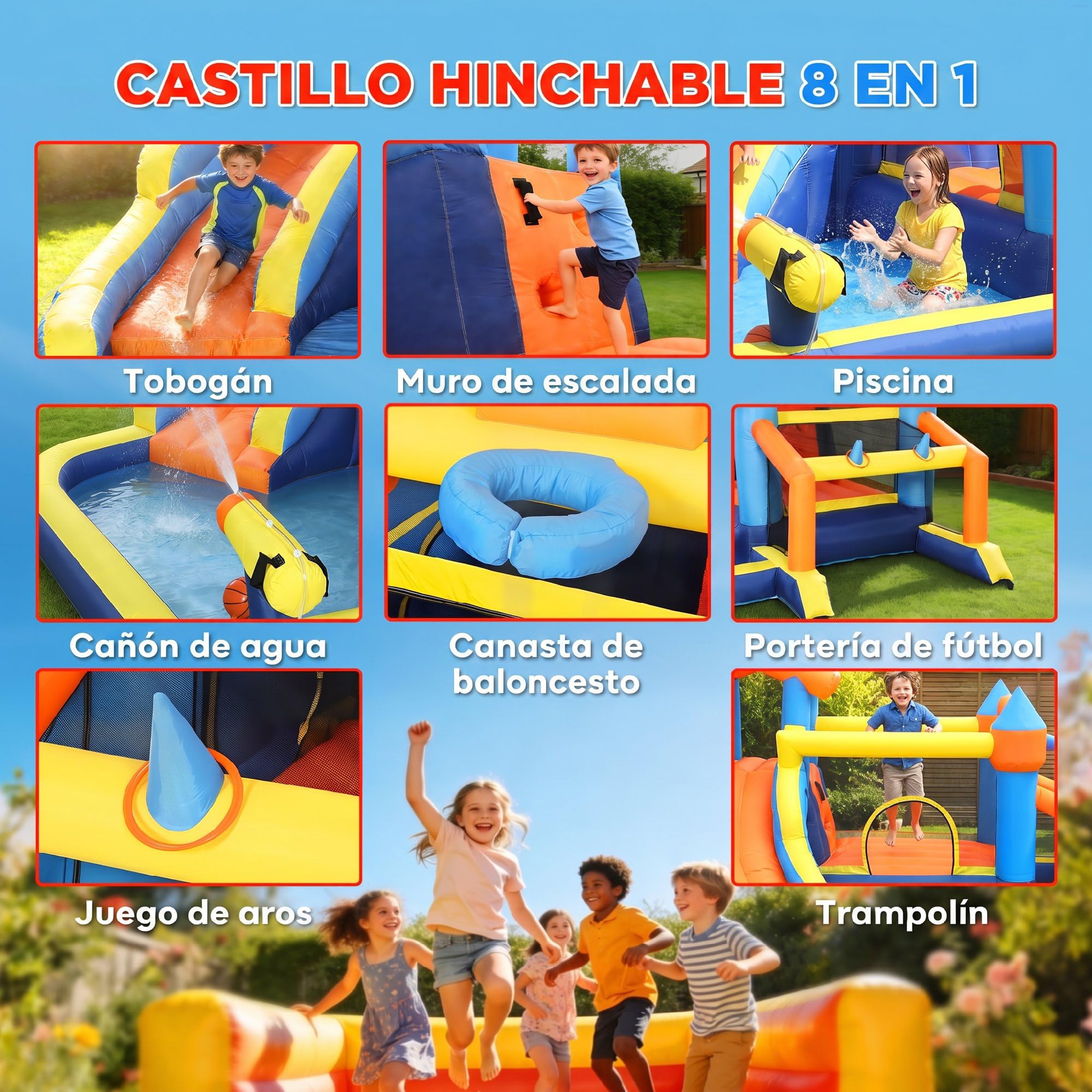 AIYAPLAY Castillo Hinchable Acuático 8 en 1 con Soplador 550W Castillo Hinchable Niños con Tobogán Extralargo Seco/Mojado Zona de Salto Escalada Piscina Portería Canasta Exterior Interior 350x325x210