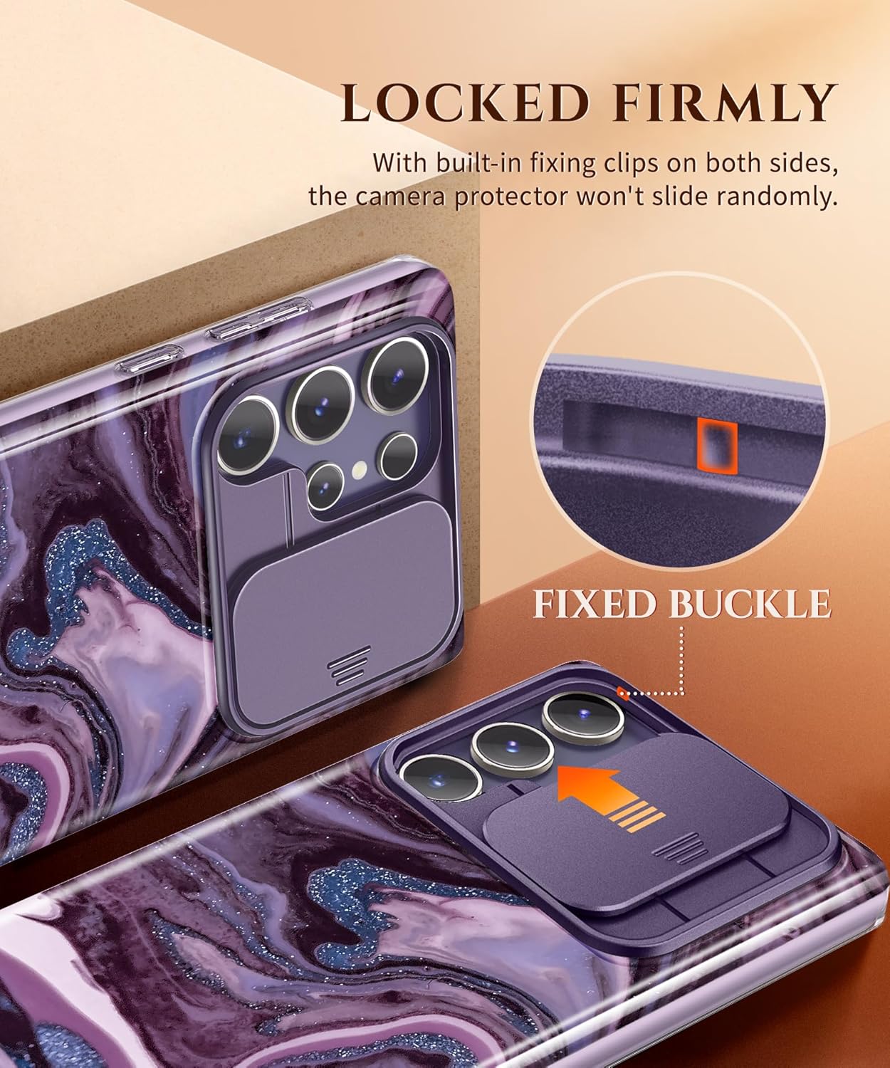 GVIEWIN for Samsung Galaxy S24 Ultra Case, [Slide Camera Cover & Built-in Screen Protector] [2 Front Frame] Military Grade Shockproof Marble Phone Case for S24 Ultra 6.8" (Quicksand/Purple)
