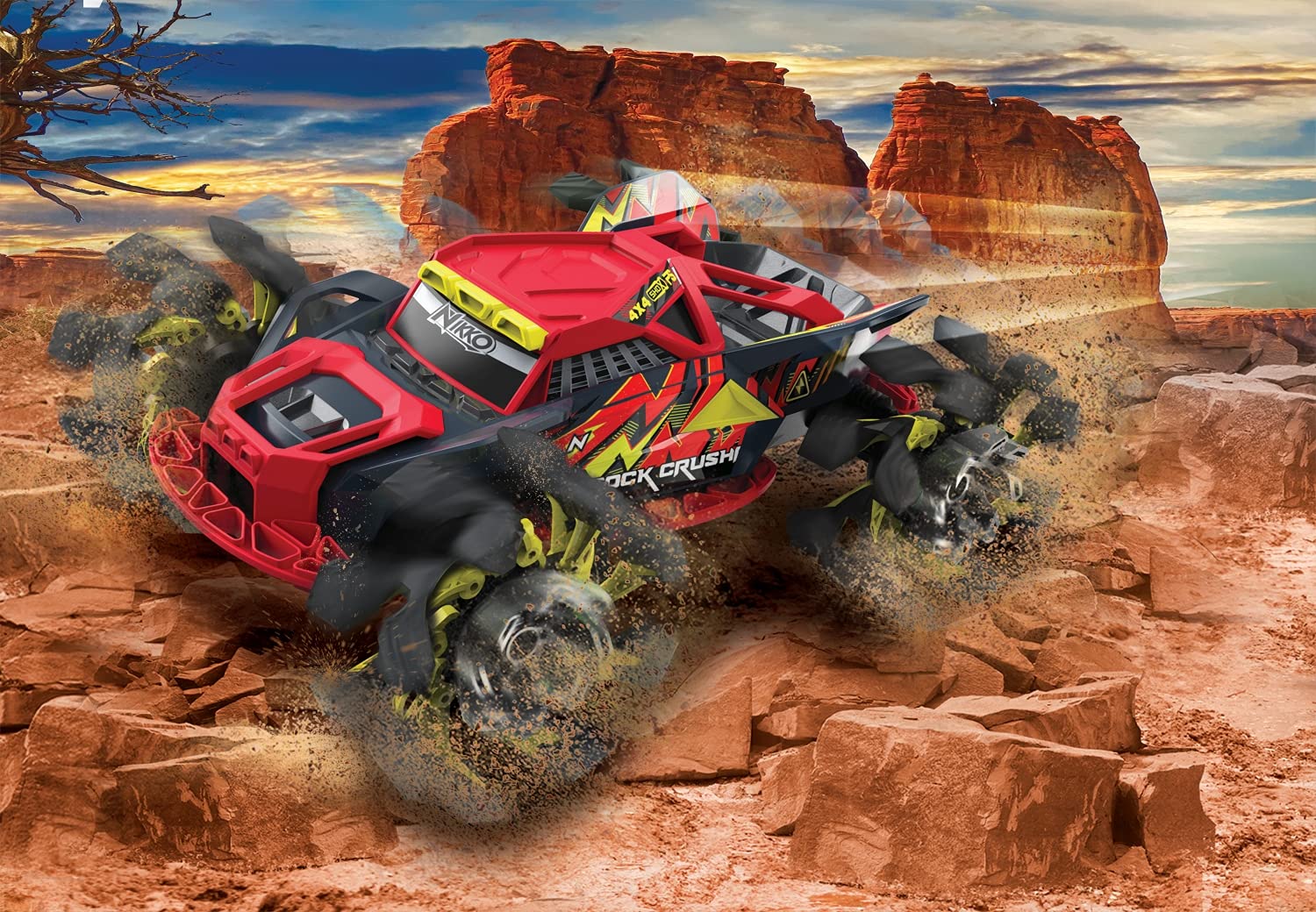 Nikko RC 10212 Rock CrushR - Coche teledirigido teledirigido, vehículo todoterreno hasta 14 km/h, ruedas automáticas, agarre extra, alcance de 100 m, 2,4 GHz, niños a partir de 6 años y adultos, aprox