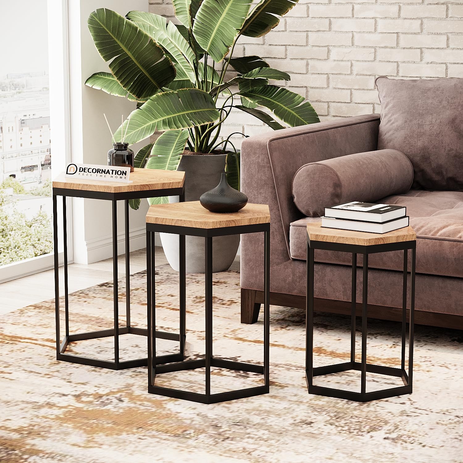DecorNation Hexagon Shape Harmony Nesting Trio Tables (Set of 3) Rich