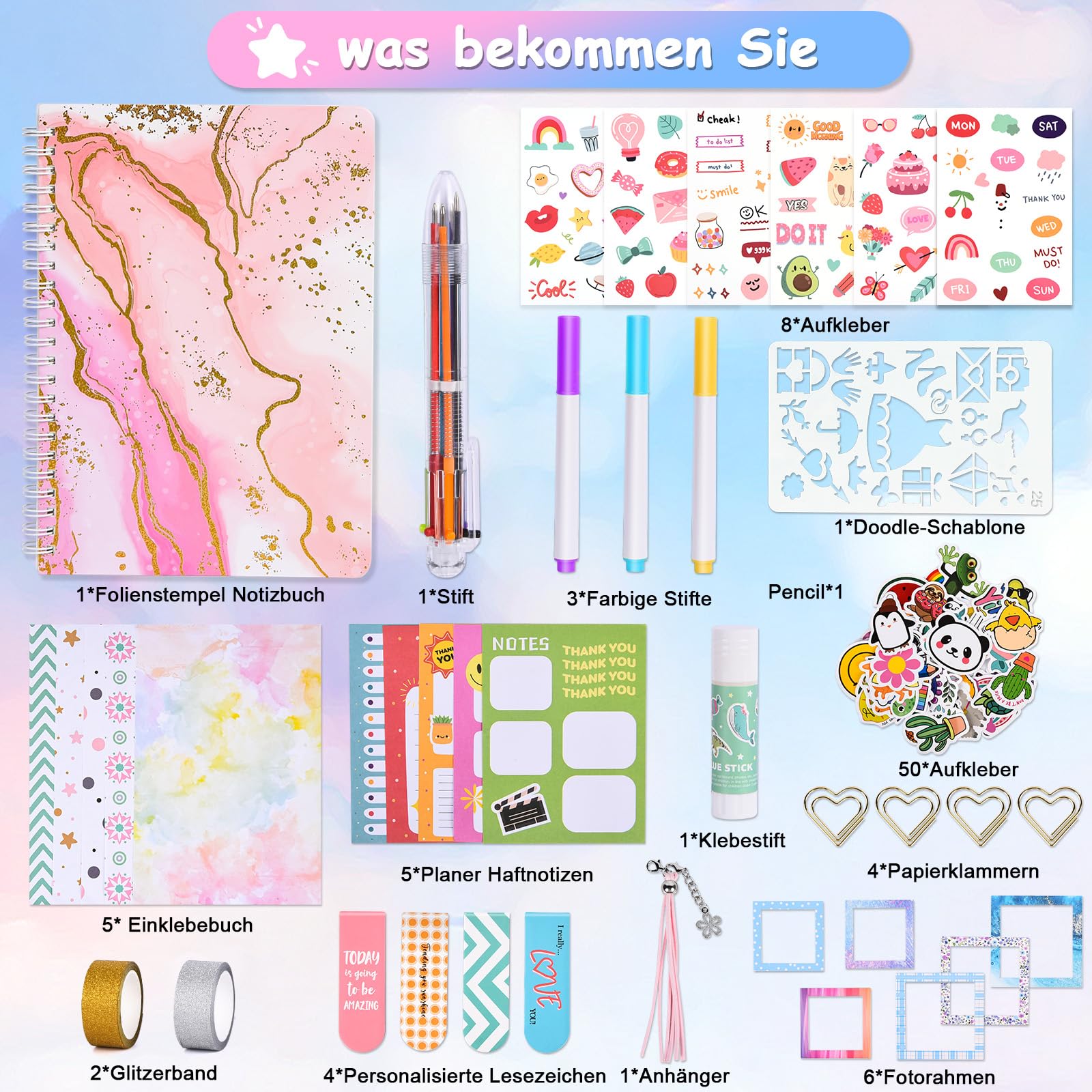 Herenear Scrapbook Mädchen, 92 Stück Scrapbook Zubehör Set mit A5 Notizbuch und Stickerbögen, DIY Tagebuch Set für Mädchen, Kreativset Bastelset Weihnachten Geschenk für Tween Kinder und Kinder