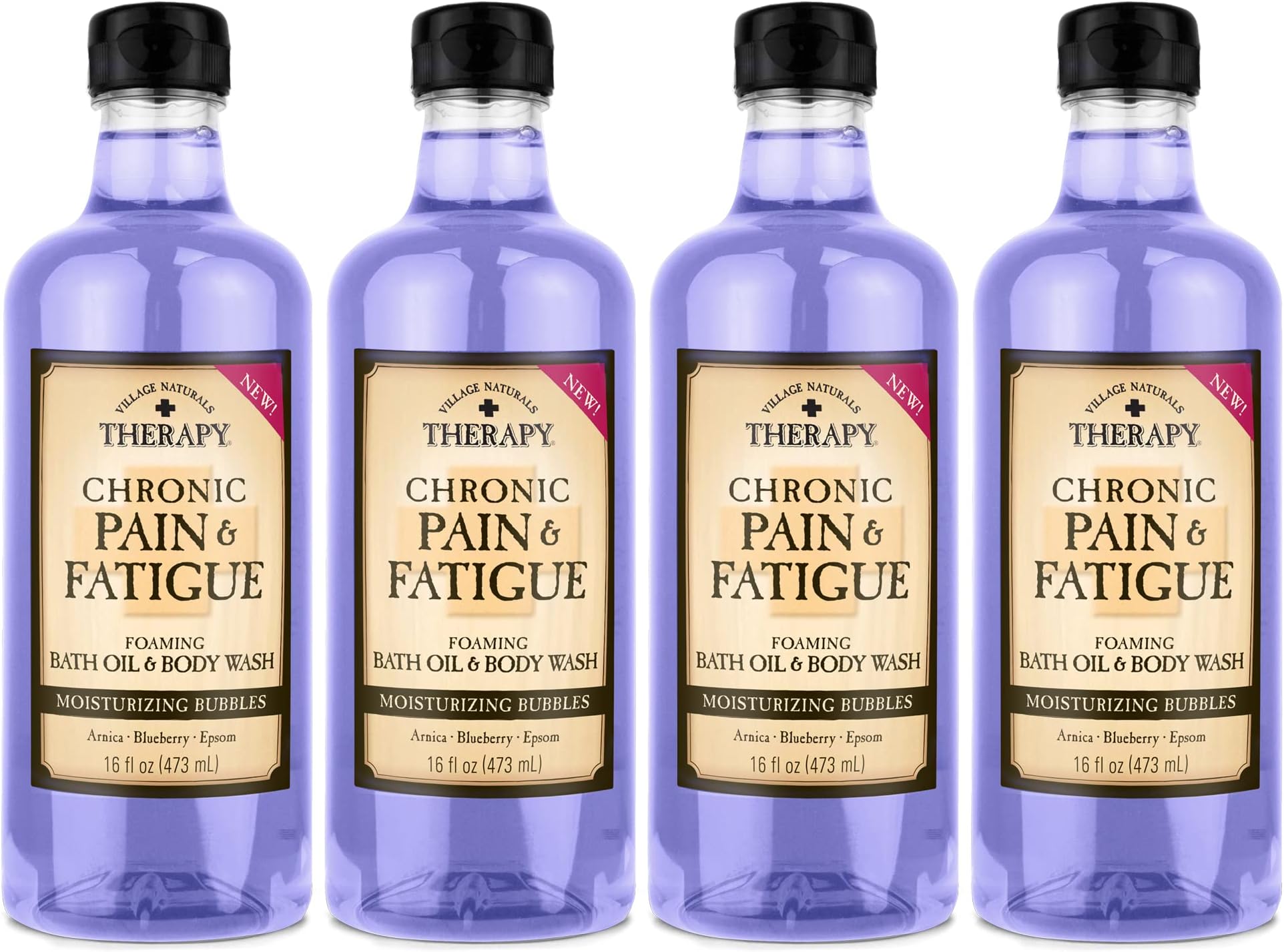 Village Naturals TherapyChronic Pain & Fatigue Foaming Bath Oil & Body Wash, 16 oz, Pack of 4