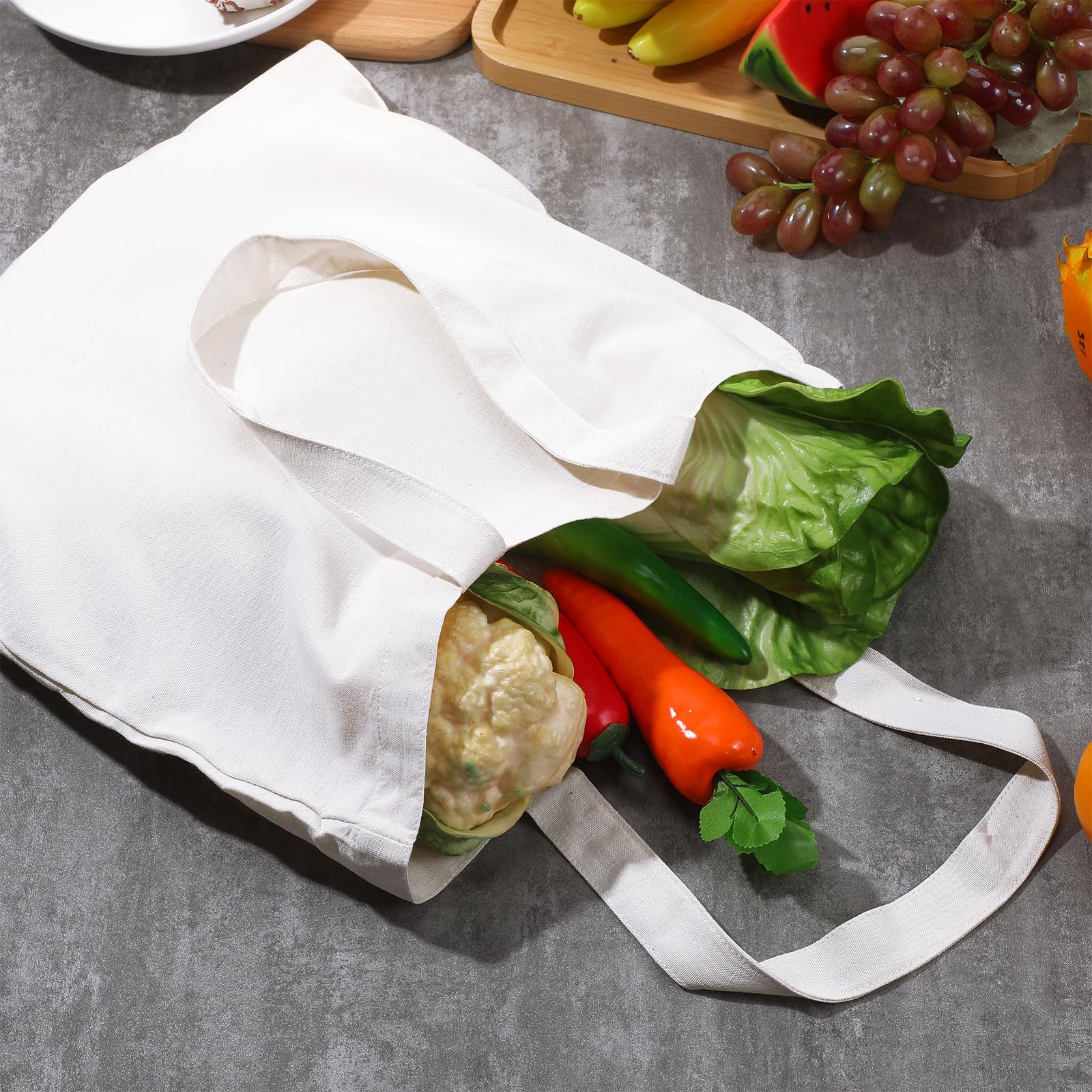 Roowest Lot de 120 sacs fourre-tout vierges en coton réutilisables avec longue poignée pour homme et femme, 38,1 x 40,6 cm, blanc