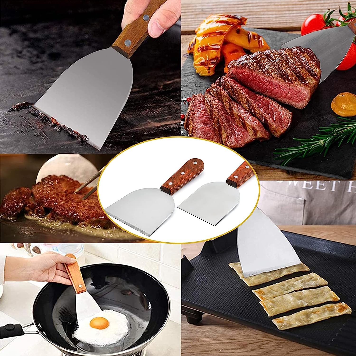 Set di 2 spatole per hamburger, in acciaio inox, spatola con manici in legno, spatola plancha, raschietto professionale, spatola per barbecue teppanyaki, bistecche, pizza