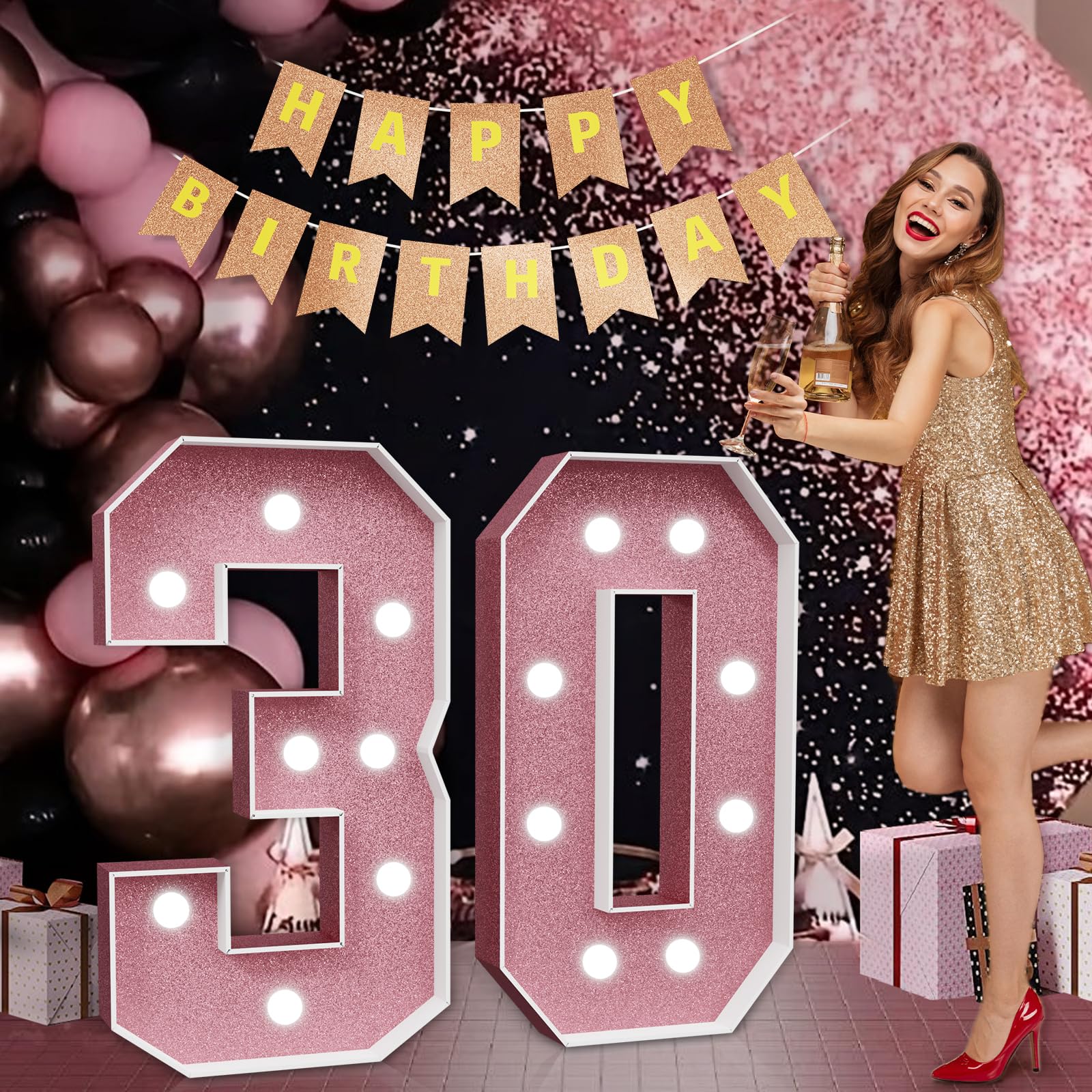 imprsv Marquee Numbers Pink 30th-Birthday Decorations: Large 3ft Light Up Number Rose Gold 30 Birthday Decoration for Women Men Thirty Year Old