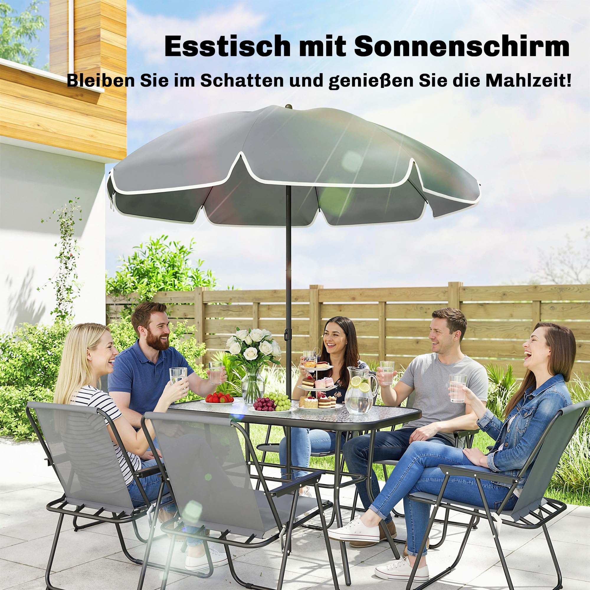 Outsunny Gartenmöbel Set Sitzgruppe 8-teilig Glastisch 119 x 68cm mit 6 Klappstühlen Wasserwellenmuster Sonnenschirm Atmungsaktive Essgruppe für Terrasse Outdoor-Bereich Grau