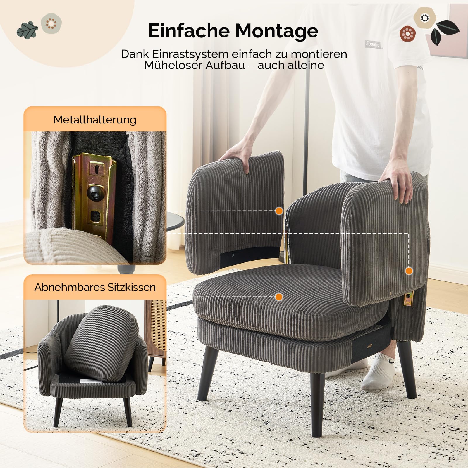 Bonnlo Sessel Gepolsterter Cocktailsessel, Moderner Loungesessel für Wohnzimmer, Lesesessel, Clubsessel, bis 113 kg belastbar, Schlafzimmer, Büro oder Wartebereich (Cord-Stoff, Dunkelgrau)
