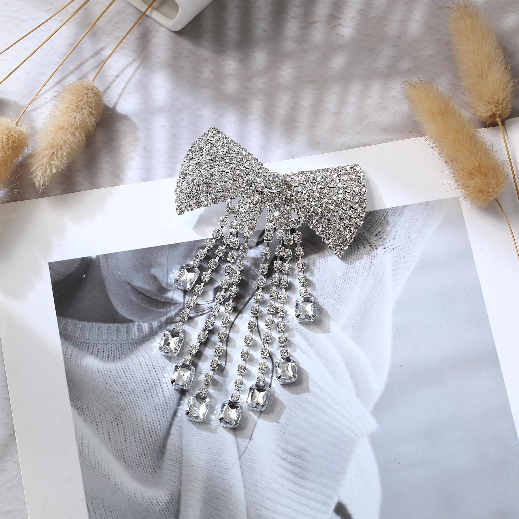 Umimiss Diamante Hair Clips, Sparkly Silver Rhinestone Bow Accessories with Crystal Tassel Water Drop Jewelry for Women Girls - Image 3