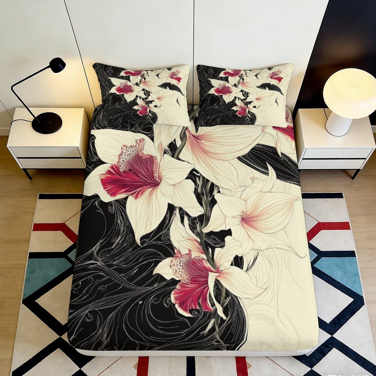 Pnayamiorkfel Style-9 3D Printed Cream Orchid Fitted Sheet Microfiber Black Art Flower Mattress Cover For Bedroom Guest Room Decor 90X200x25cm