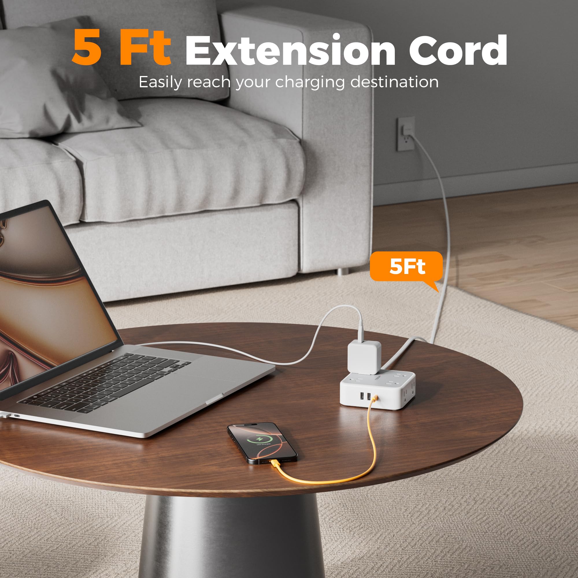 Grey Surge Protector Power Strip with 5 Ft Q2876