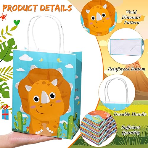 Miniatura 4 de Pajean 24 bolsas de caramelos de dinosaurio con asa, bolsas de papel de recuerdo de fiesta de dinosaurios, regalos para niños, envoltura de