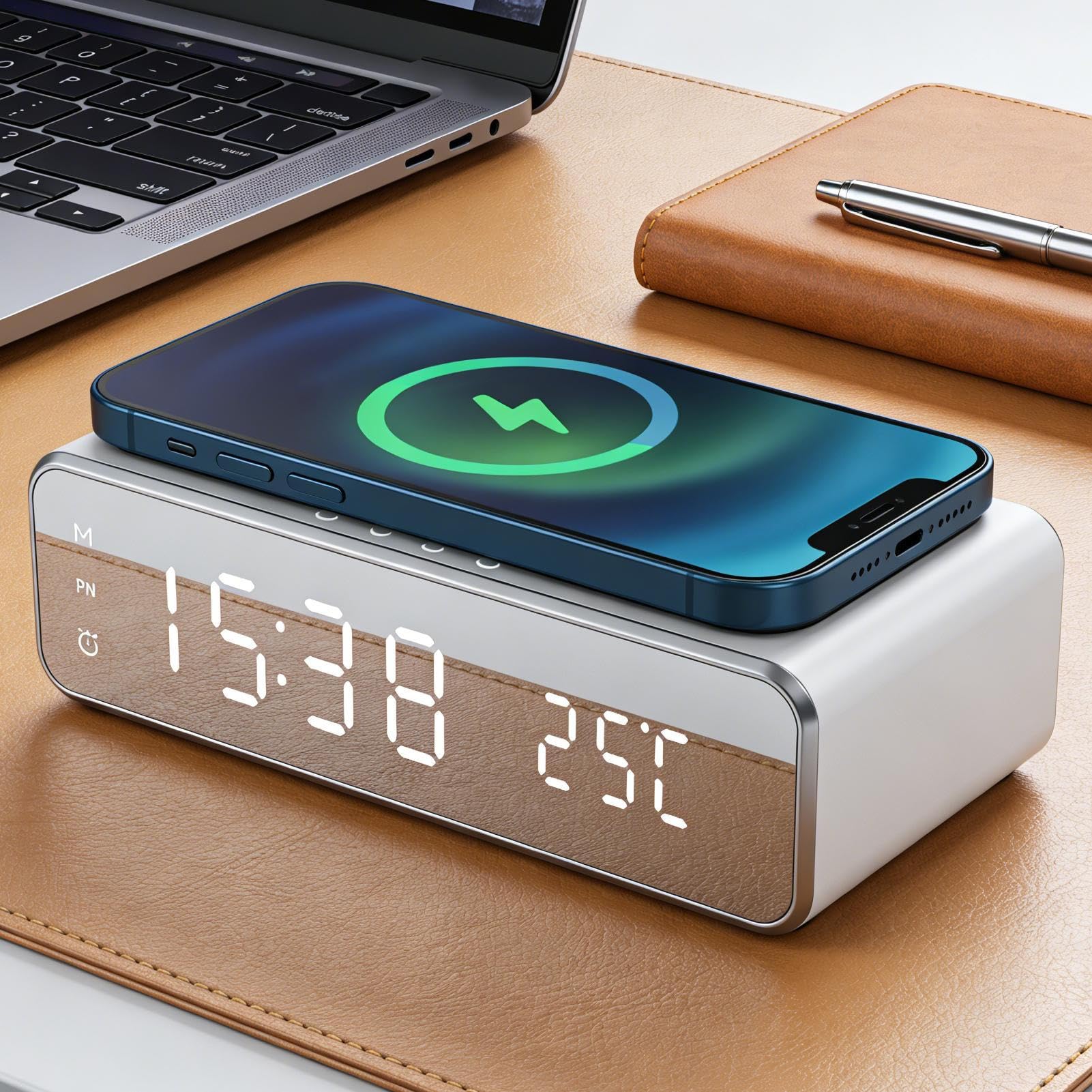 Station de Réveil avec Chargeur sans Fil - Support de Téléphone avec Affichage de la Température,Réveil numérique avec Charge sans Fil,pour Table de Chevet et Bureau à Domicile
